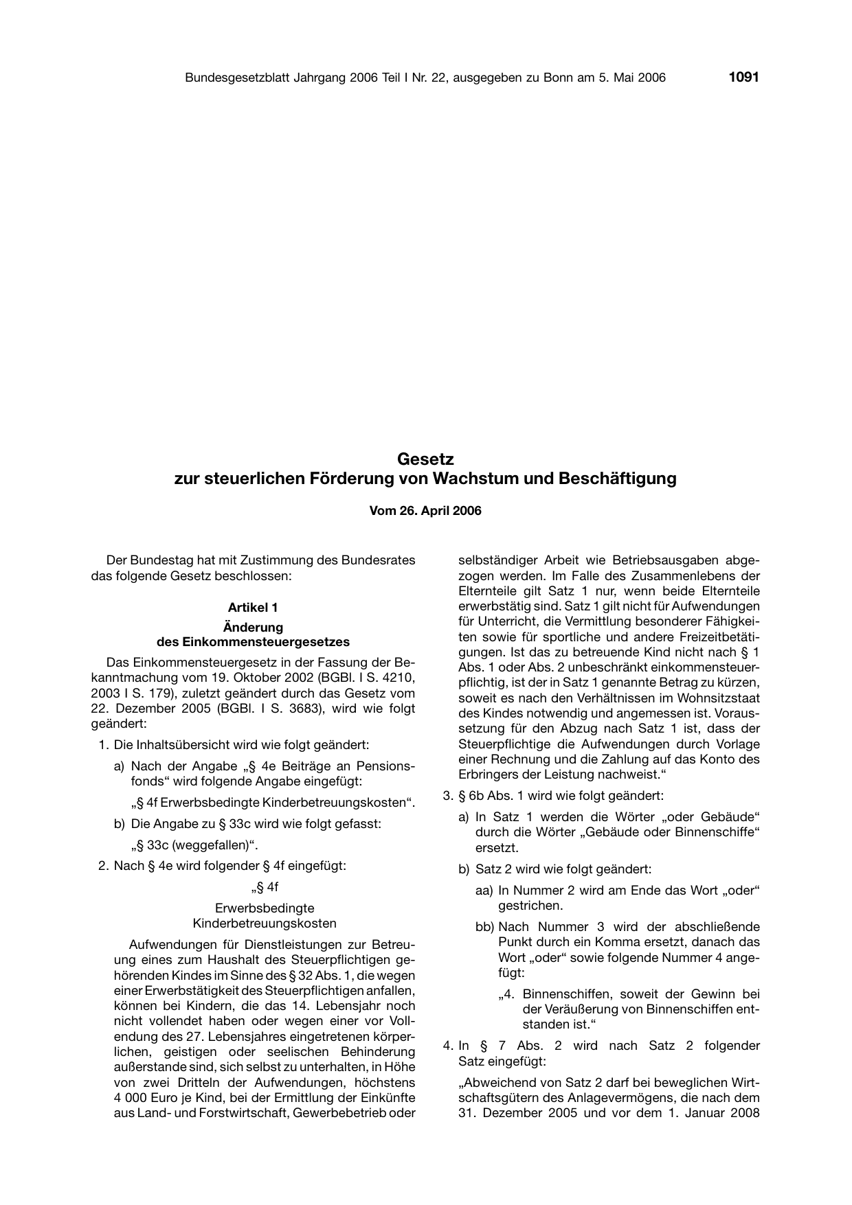BGBl. 2006, Seite 1091 — Originalseite als Abbildung