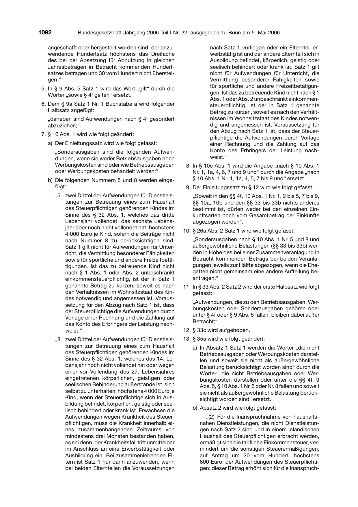 BGBl. 2006, Seite 1092 — Originalseite als Abbildung