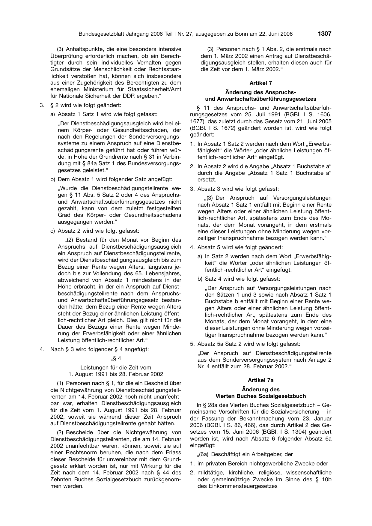 BGBl. 2006, Seite 1307 — Originalseite als Abbildung