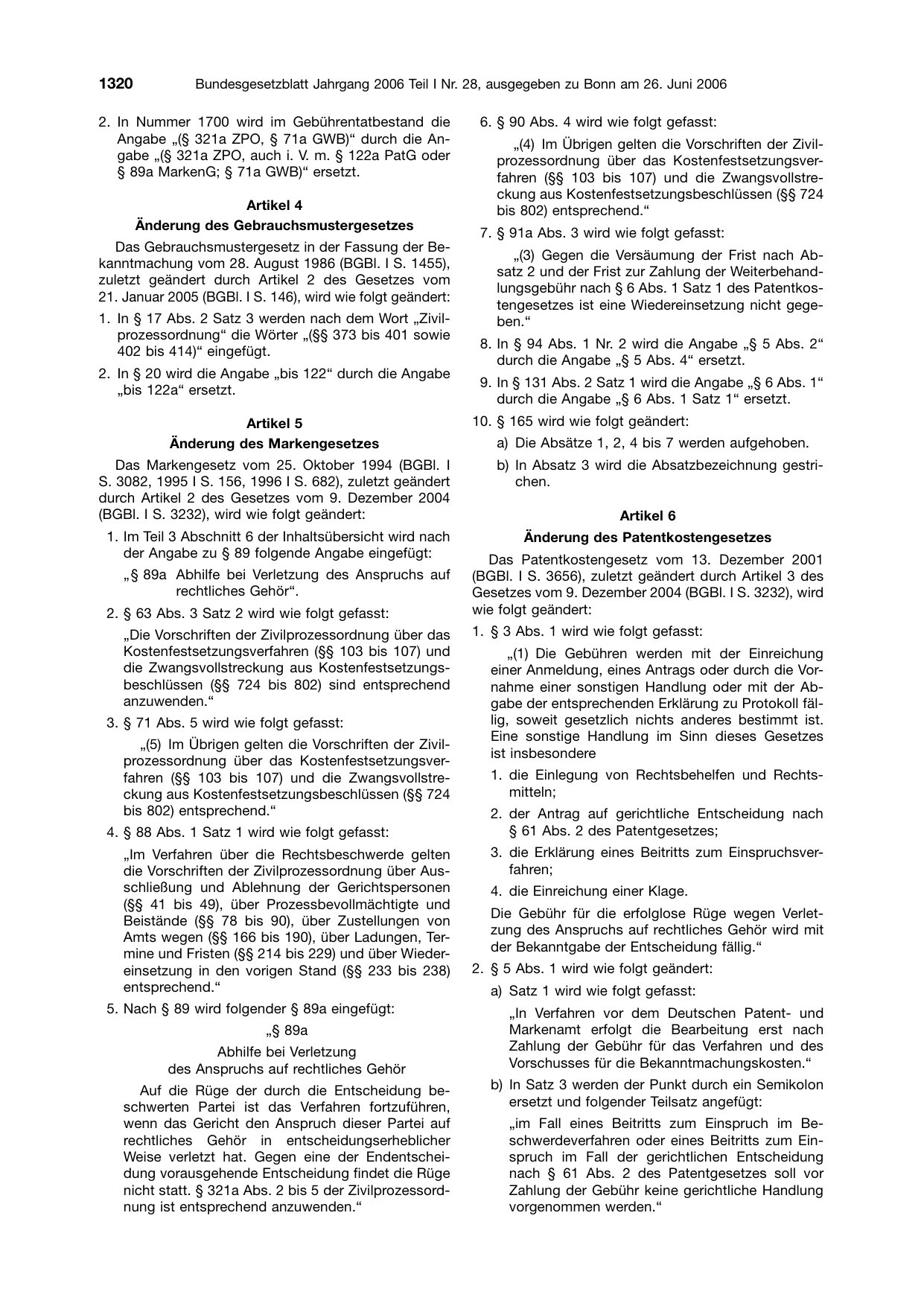 BGBl. 2006, Seite 1320 — Originalseite als Abbildung