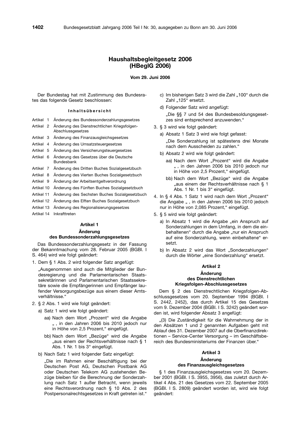 BGBl. 2006, Seite 1402 — Originalseite als Abbildung
