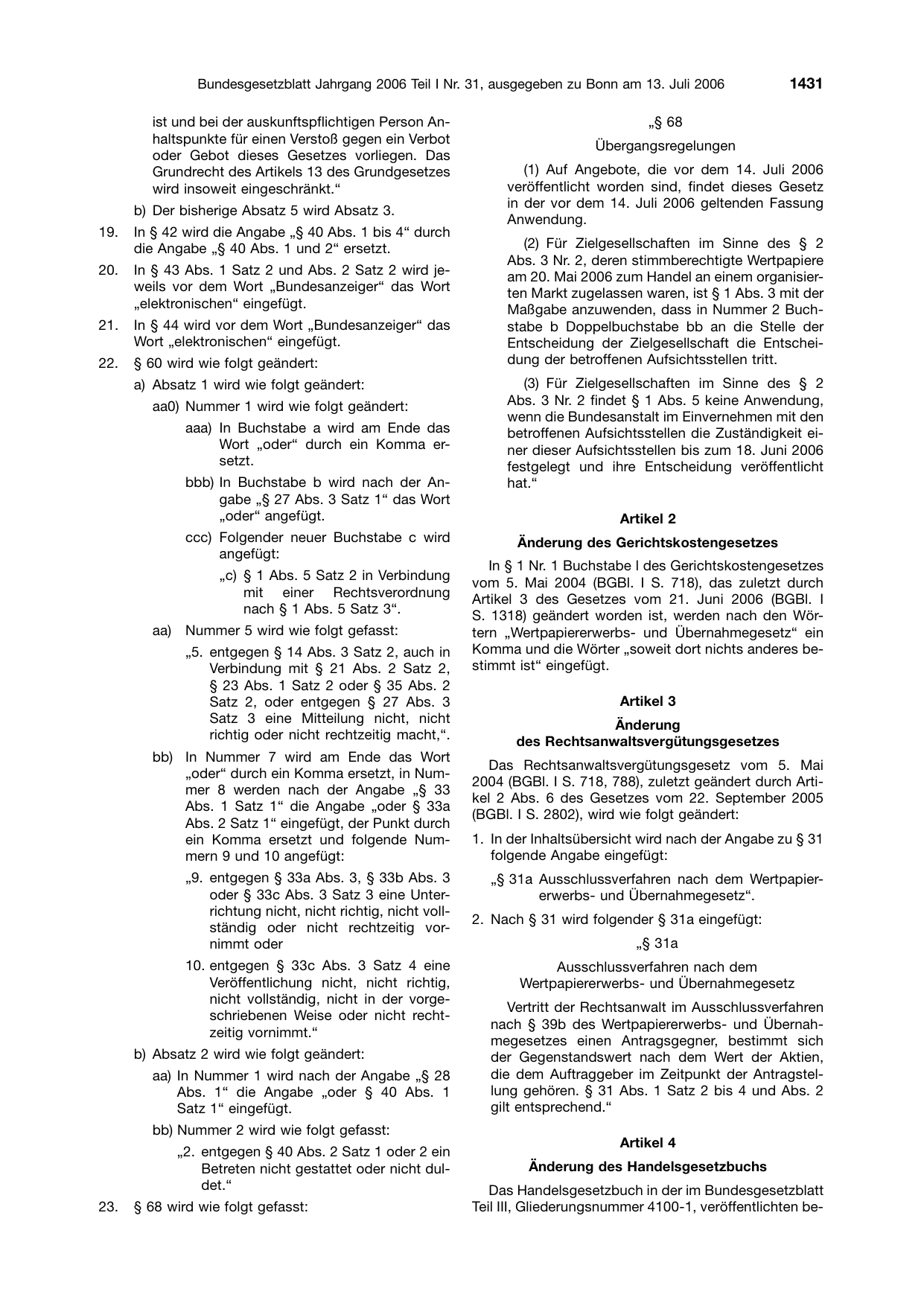 BGBl. 2006, Seite 1431 — Originalseite als Abbildung