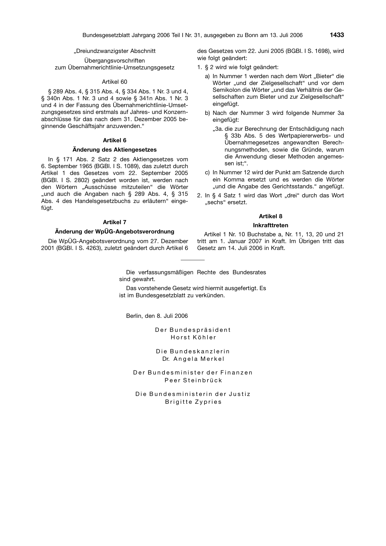 BGBl. 2006, Seite 1433 — Originalseite als Abbildung