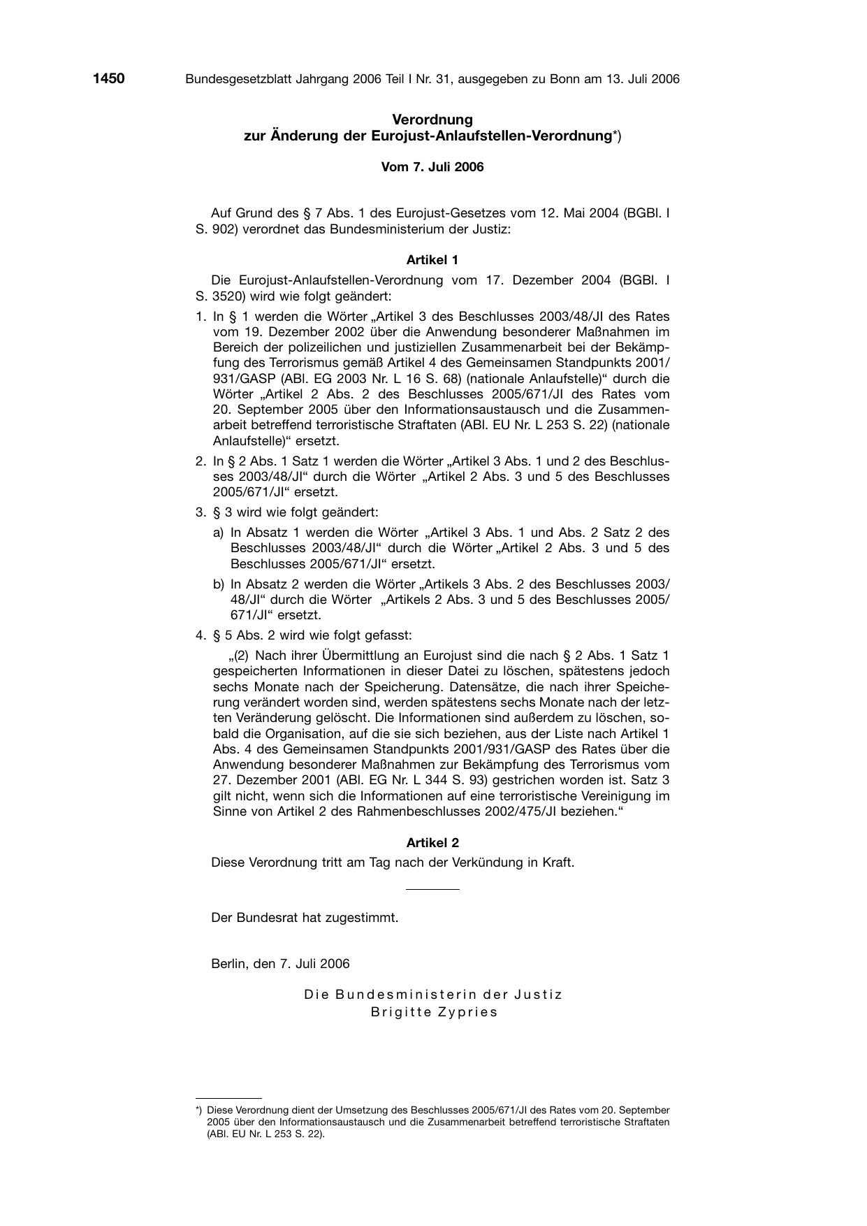 BGBl. 2006, Seite 1450 — Originalseite als Abbildung