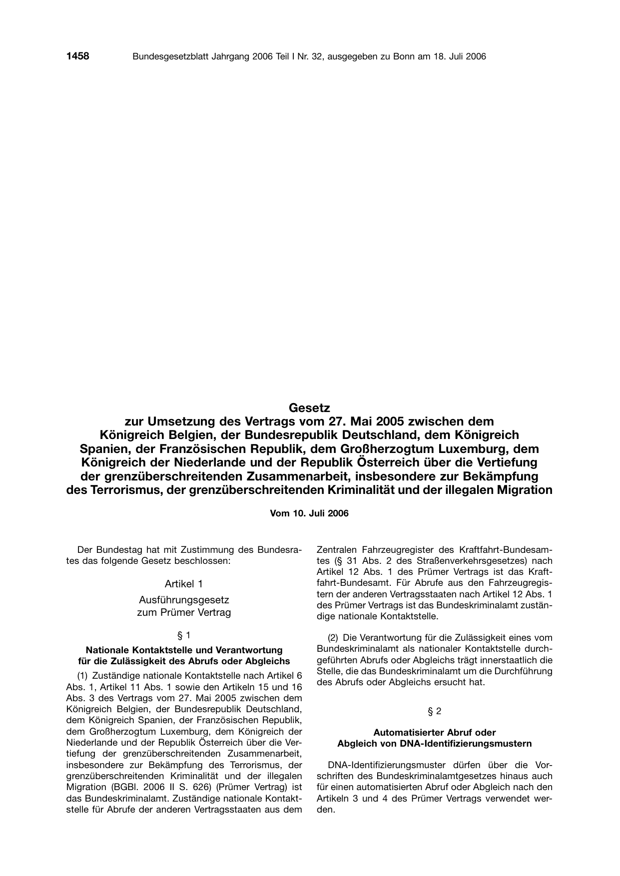 BGBl. 2006, Seite 1458 — Originalseite als Abbildung