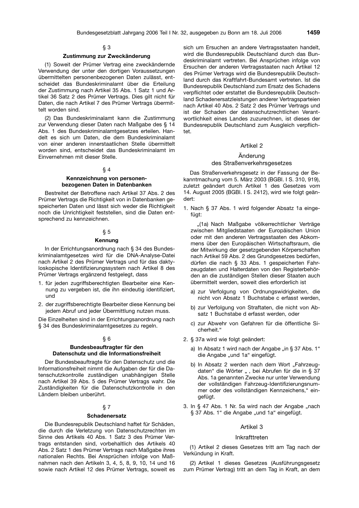 BGBl. 2006, Seite 1459 — Originalseite als Abbildung
