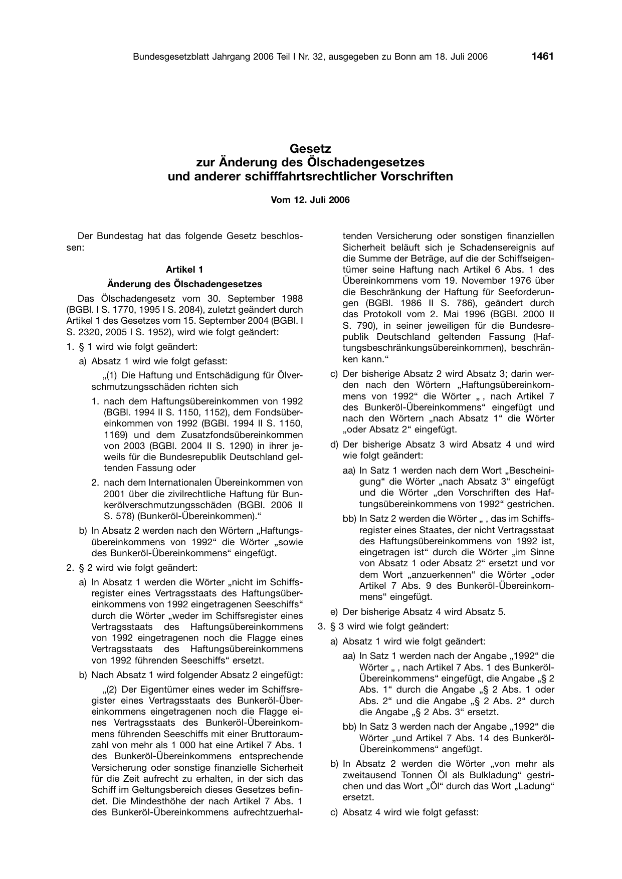 BGBl. 2006, Seite 1461 — Originalseite als Abbildung