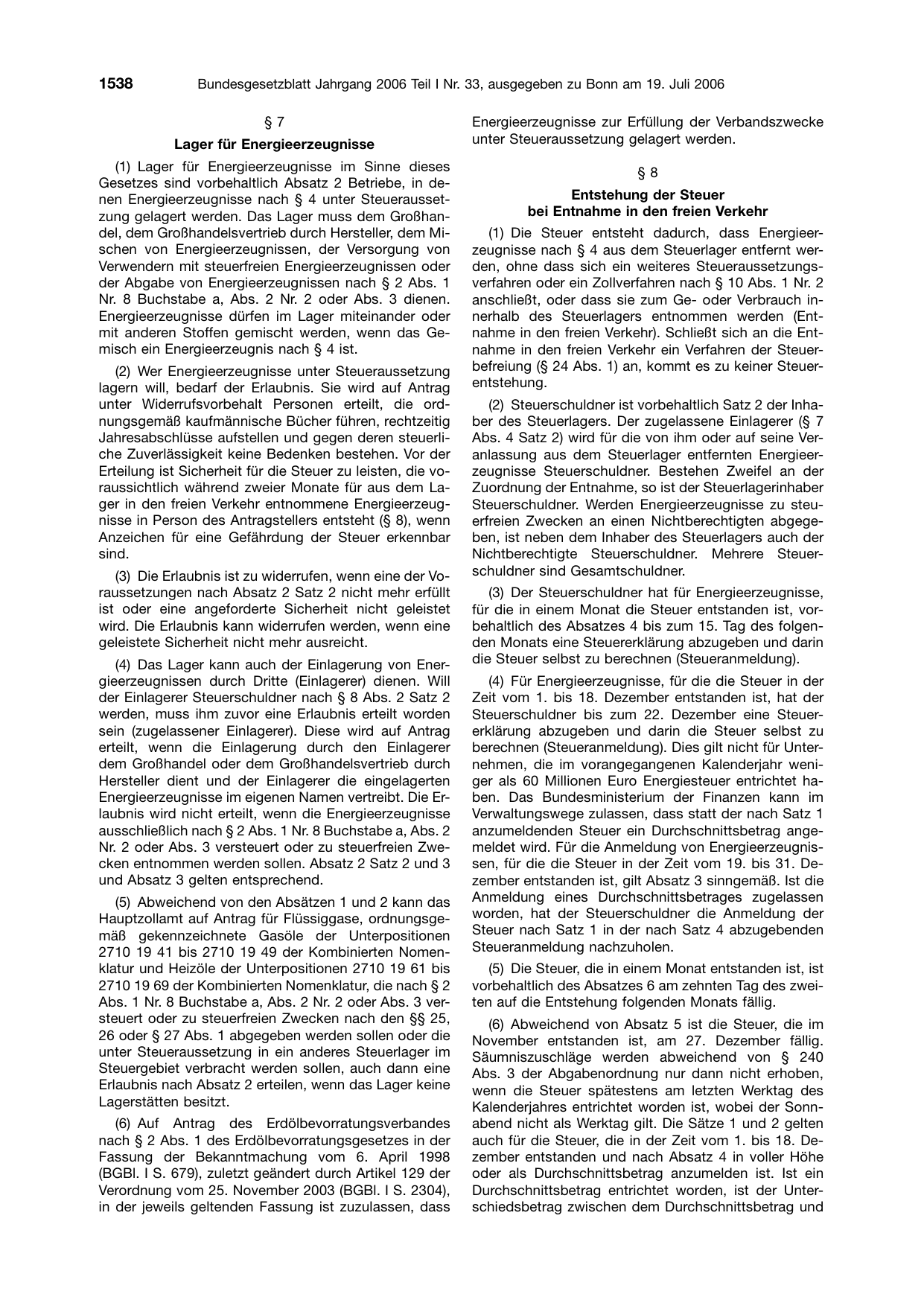 BGBl. 2006, Seite 1538 — Originalseite als Abbildung