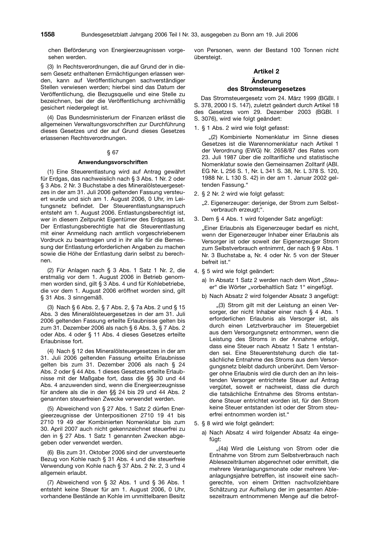 BGBl. 2006, Seite 1558 — Originalseite als Abbildung