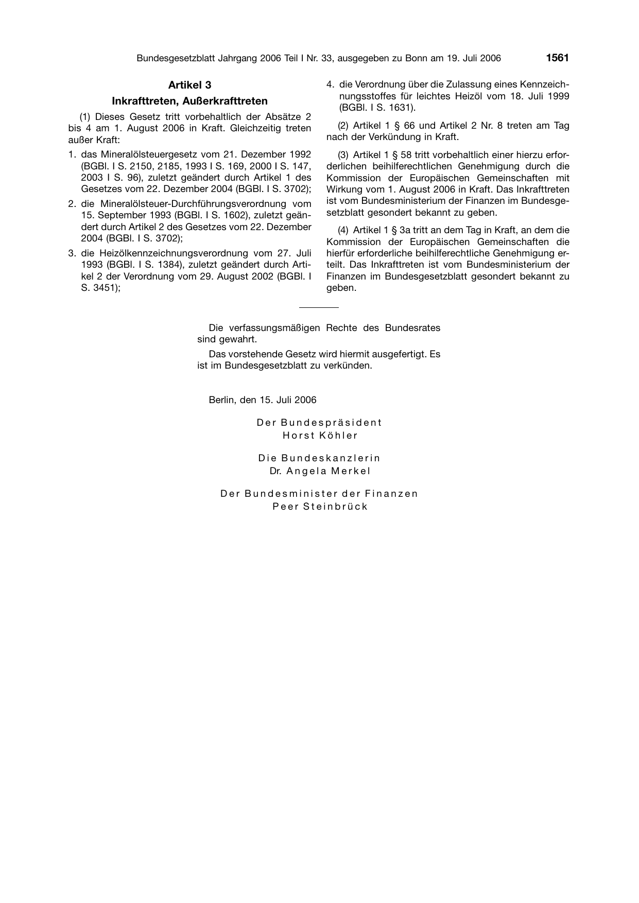 BGBl. 2006, Seite 1561 — Originalseite als Abbildung