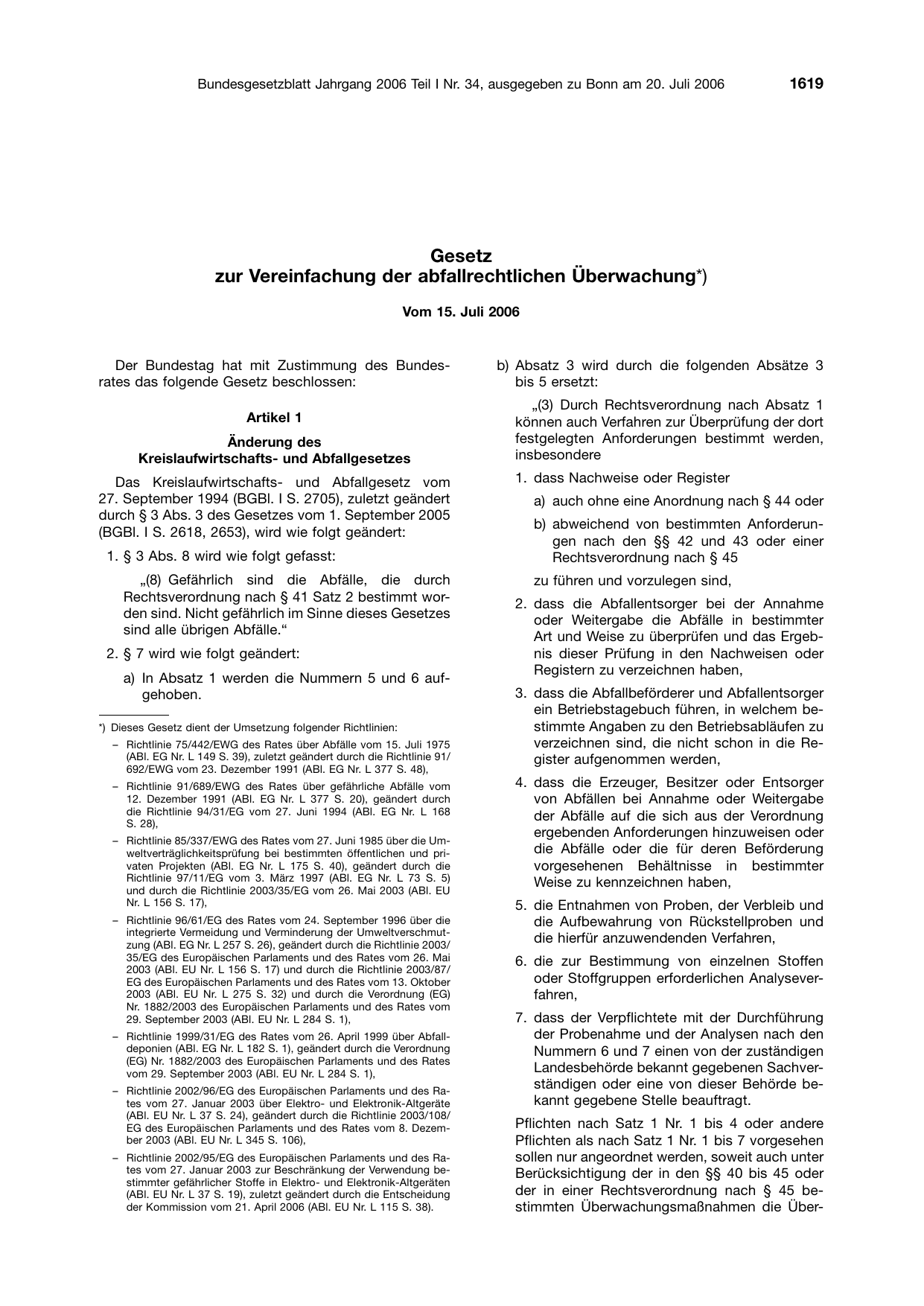 BGBl. 2006, Seite 1619 — Originalseite als Abbildung