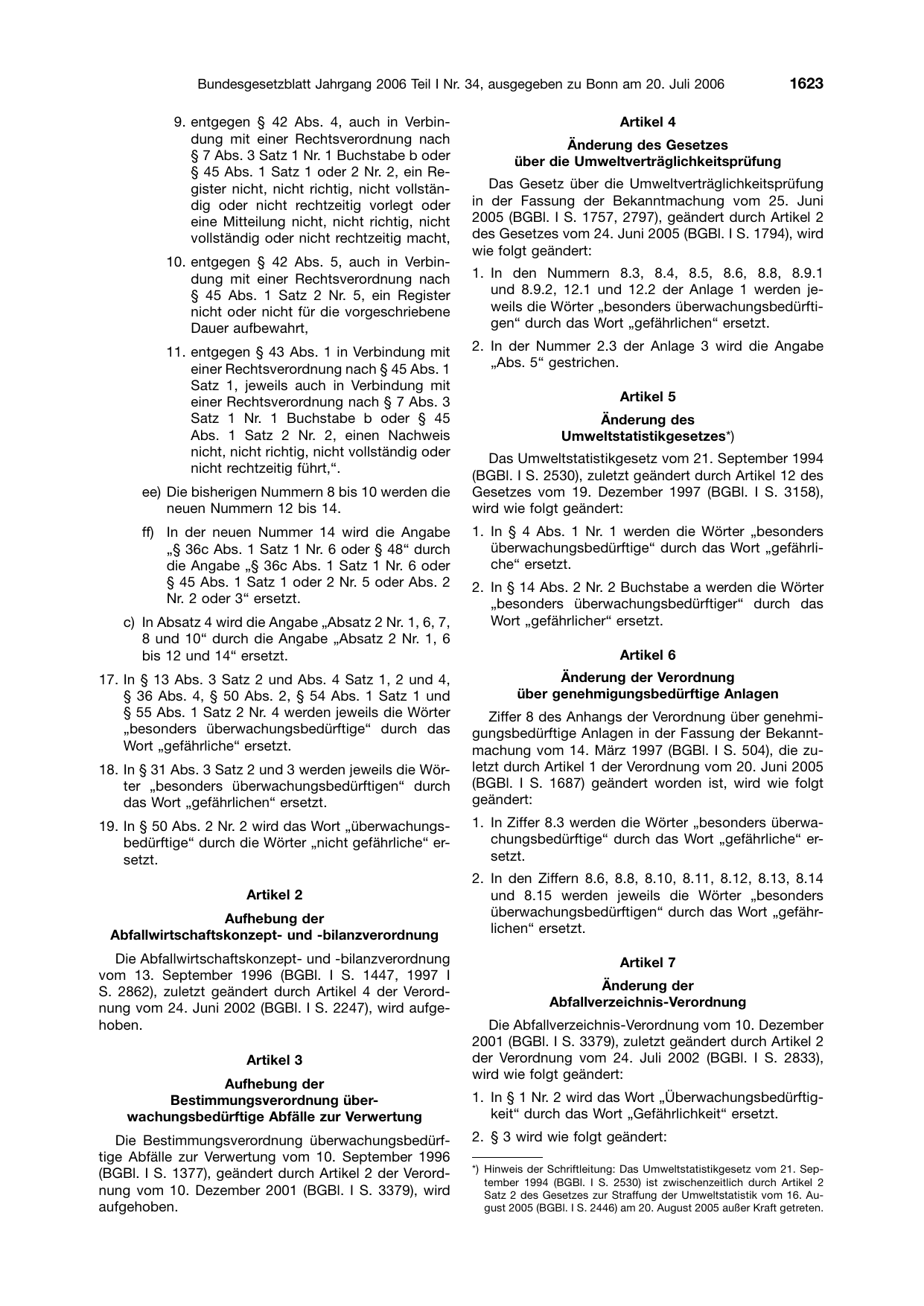 BGBl. 2006, Seite 1623 — Originalseite als Abbildung