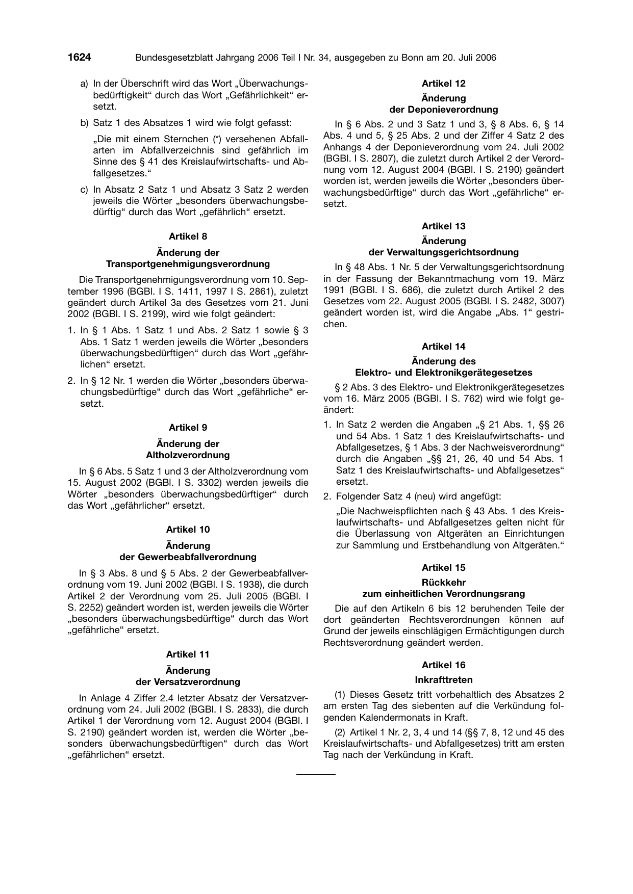 BGBl. 2006, Seite 1624 — Originalseite als Abbildung