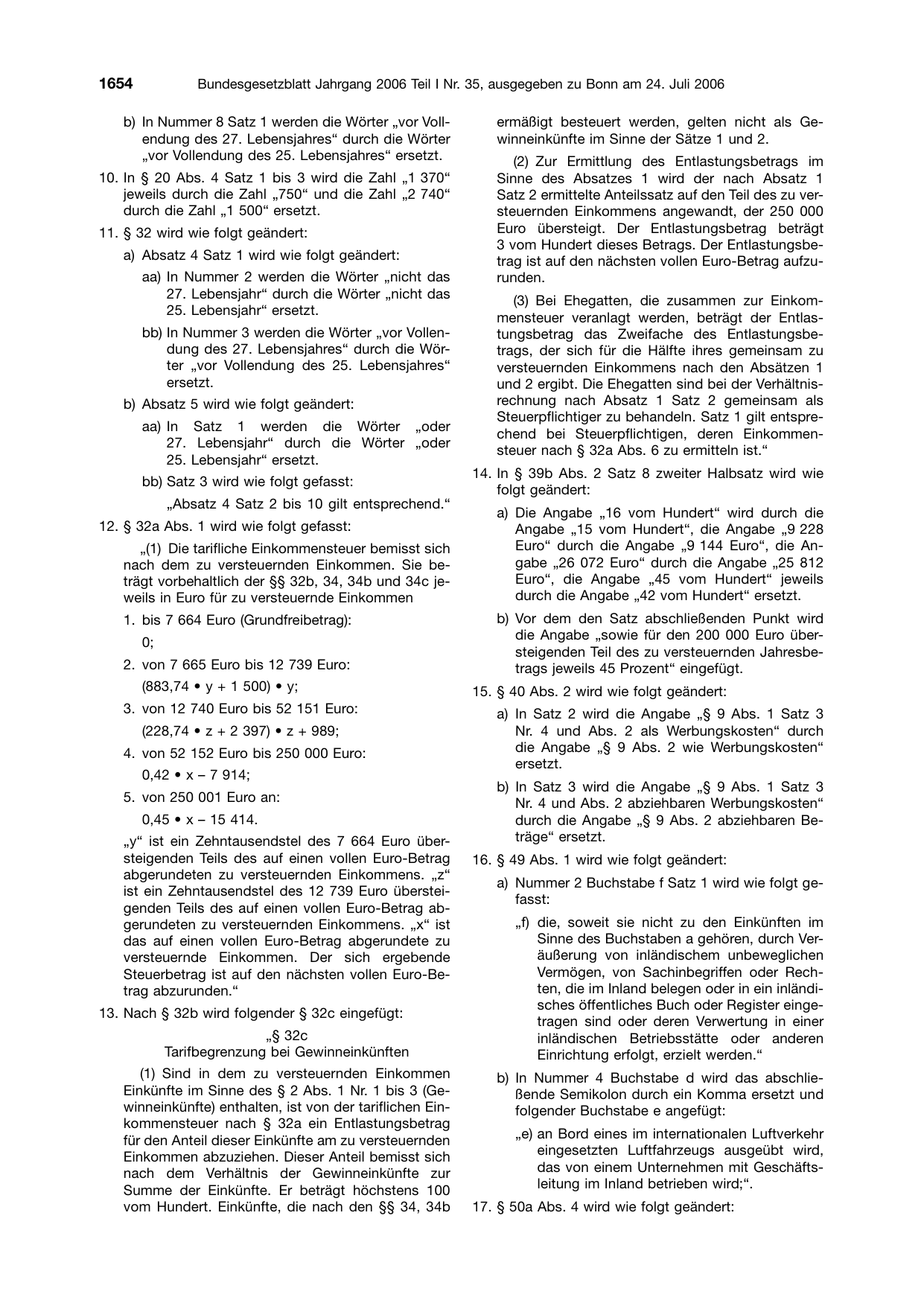 BGBl. 2006, Seite 1654 — Originalseite als Abbildung