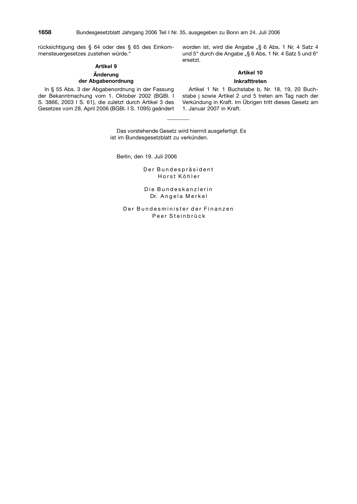 BGBl. 2006, Seite 1658 — Originalseite als Abbildung