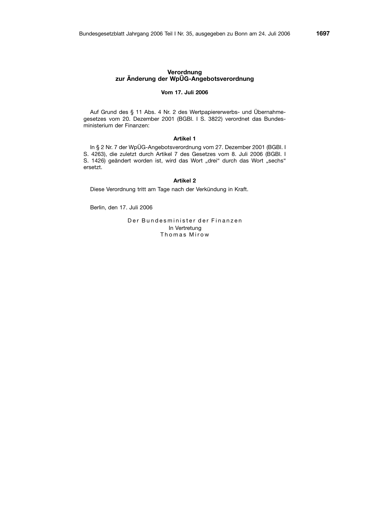 BGBl. 2006, Seite 1697 — Originalseite als Abbildung