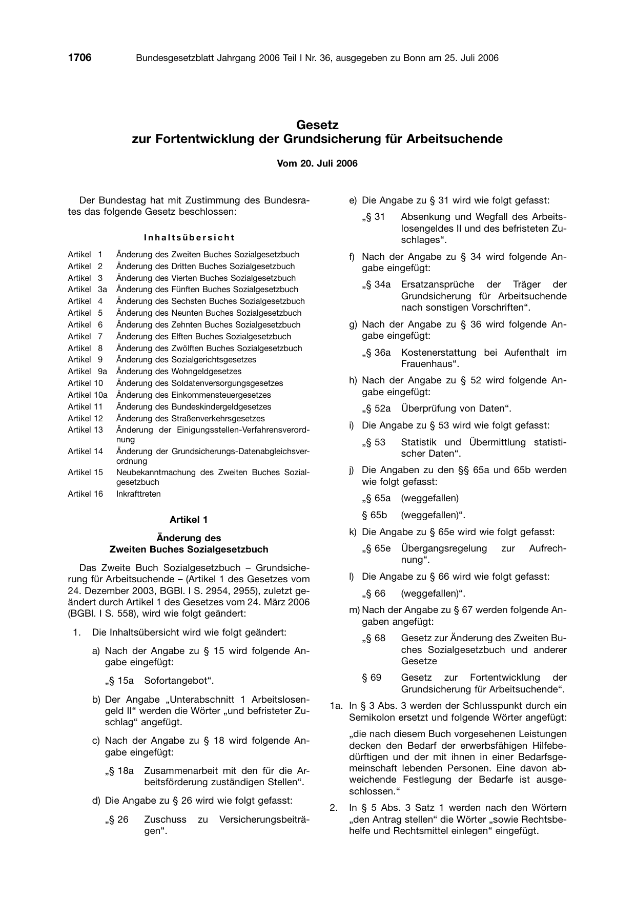 BGBl. 2006, Seite 1706 — Originalseite als Abbildung