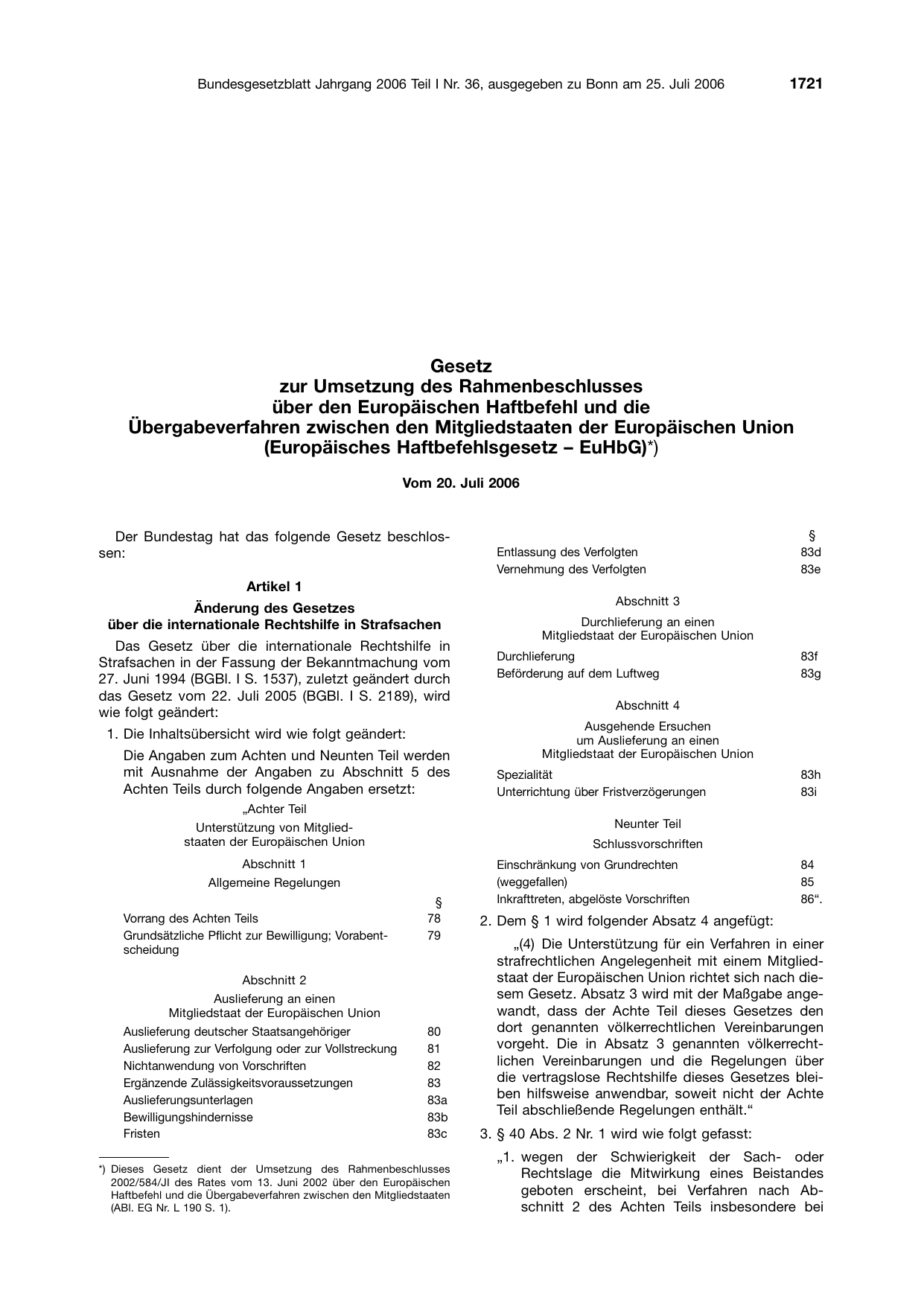 BGBl. 2006, Seite 1721 — Originalseite als Abbildung