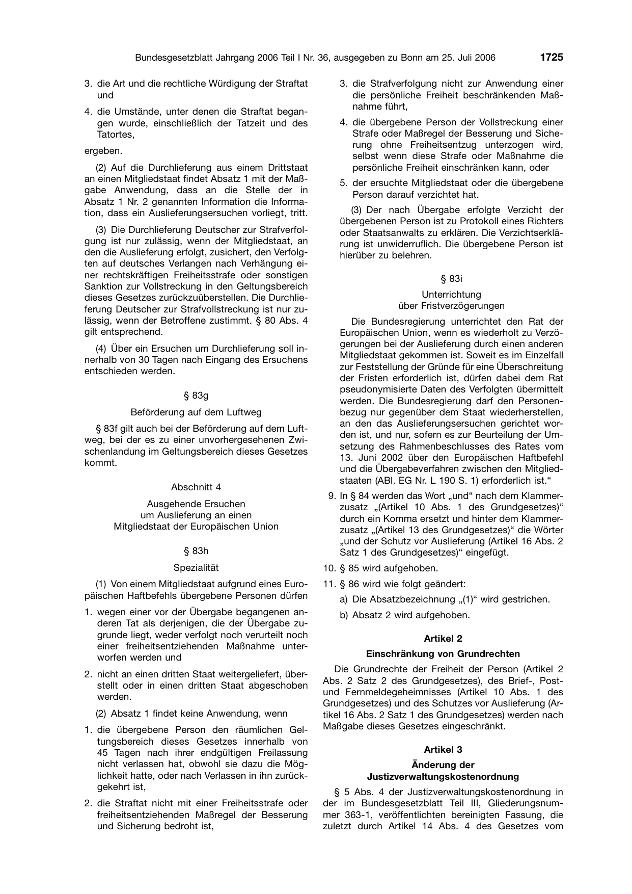 BGBl. 2006, Seite 1725 — Originalseite als Abbildung