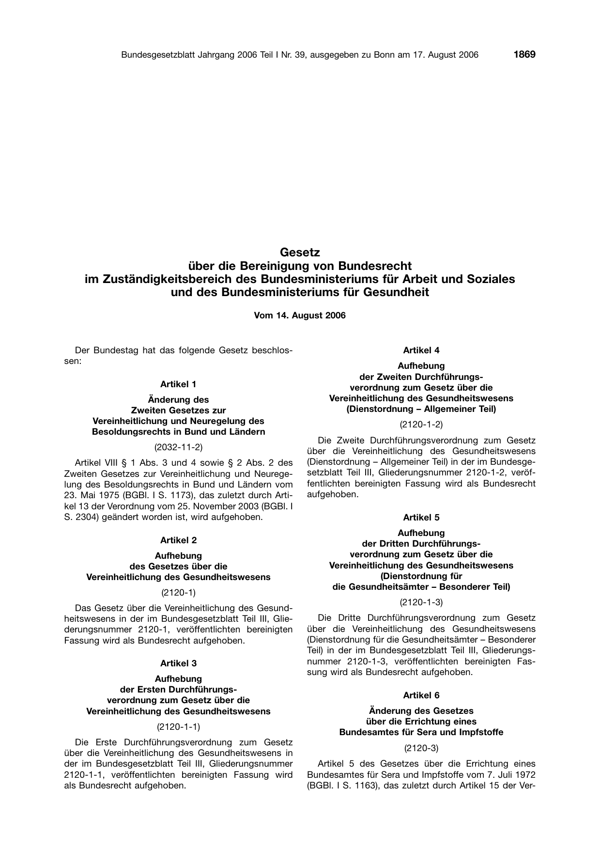 BGBl. 2006, Seite 1869 — Originalseite als Abbildung