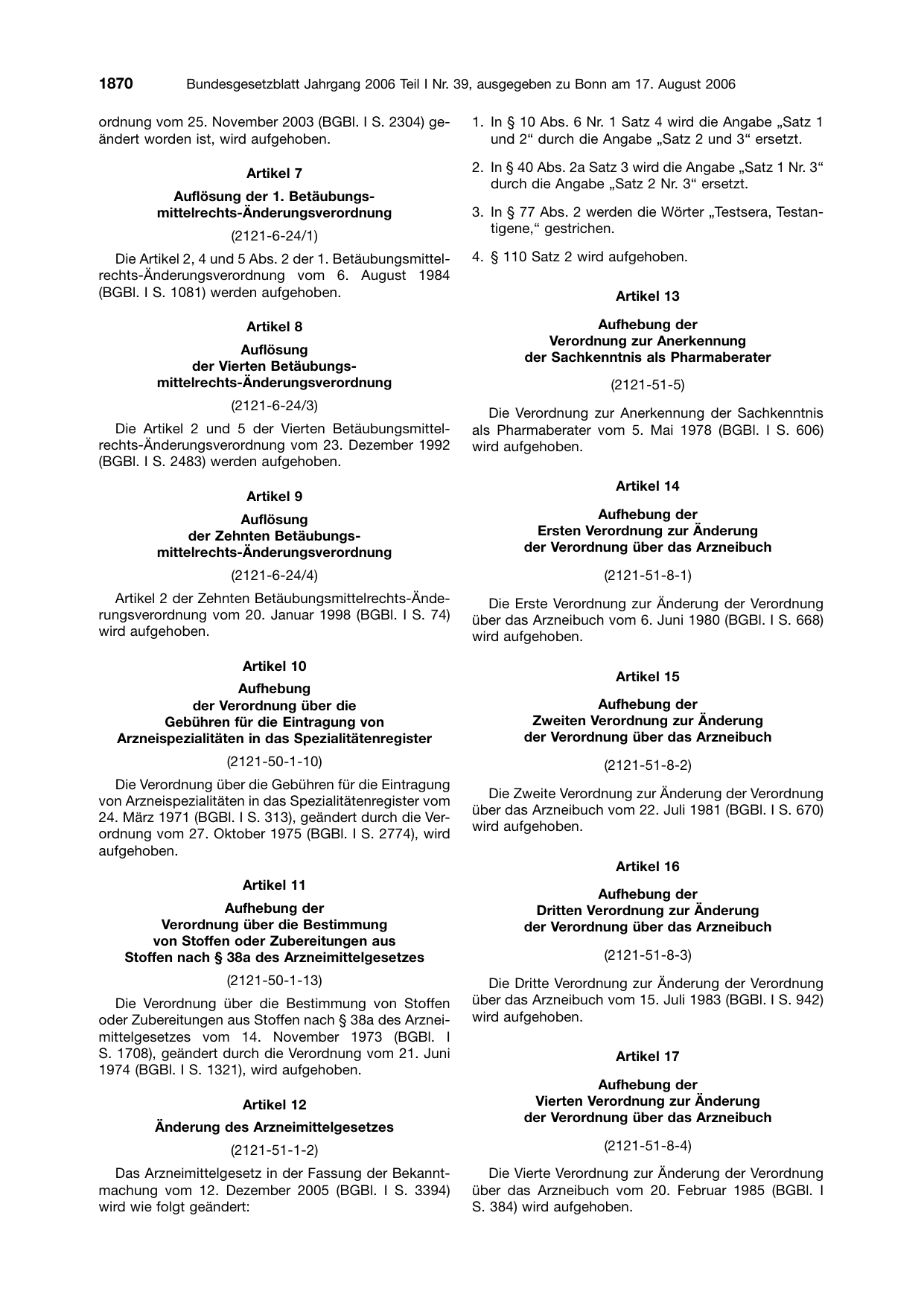 BGBl. 2006, Seite 1870 — Originalseite als Abbildung
