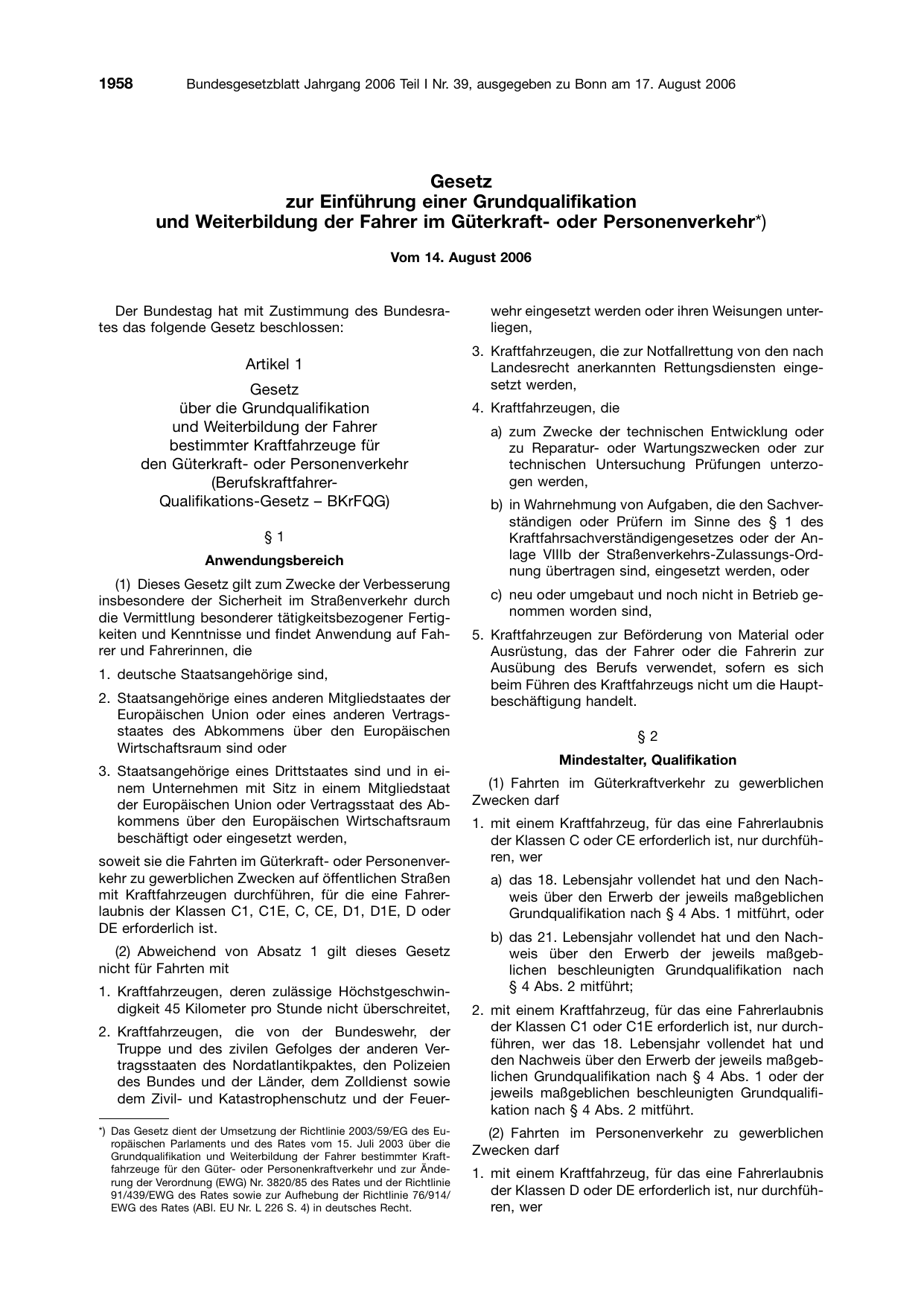 BGBl. 2006, Seite 1958 — Originalseite als Abbildung