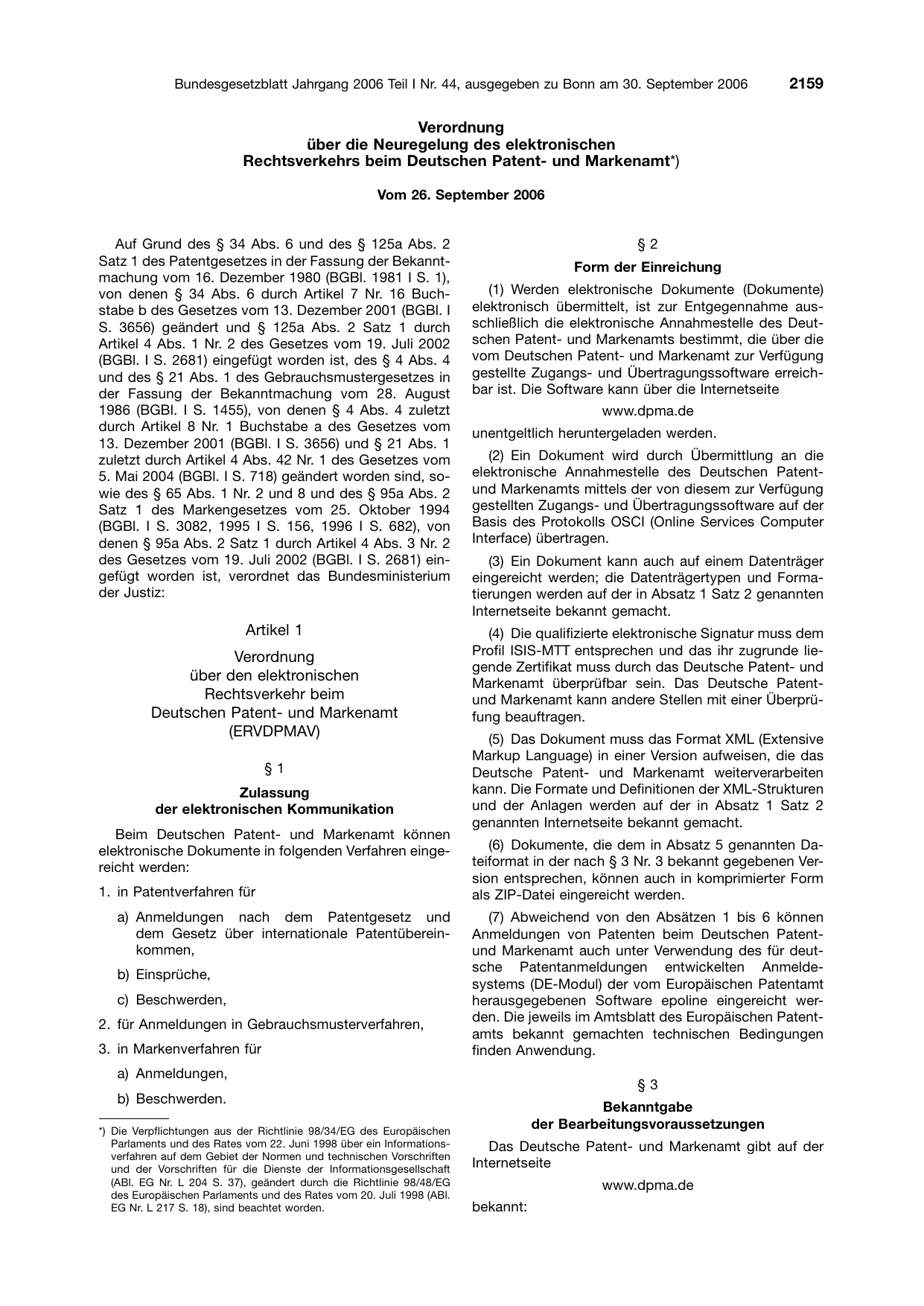 BGBl. 2006, Seite 2159 — Originalseite als Abbildung