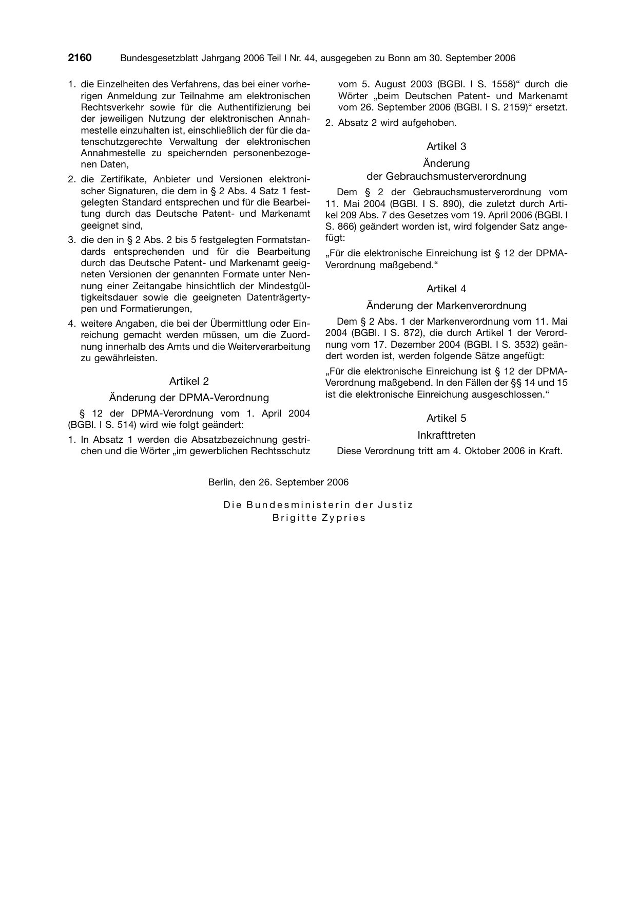 BGBl. 2006, Seite 2160 — Originalseite als Abbildung