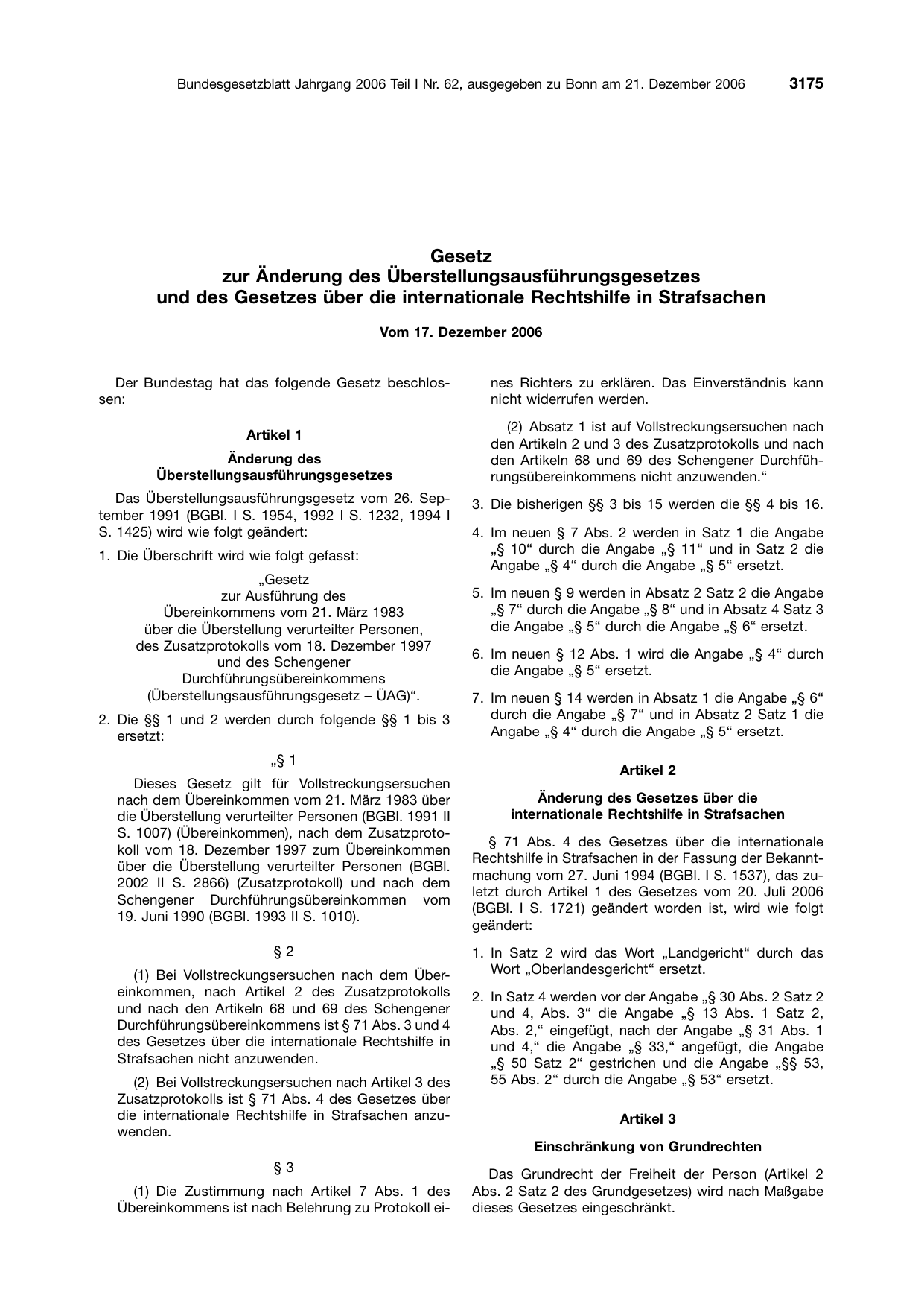 BGBl. 2006, Seite 3175 — Originalseite als Abbildung