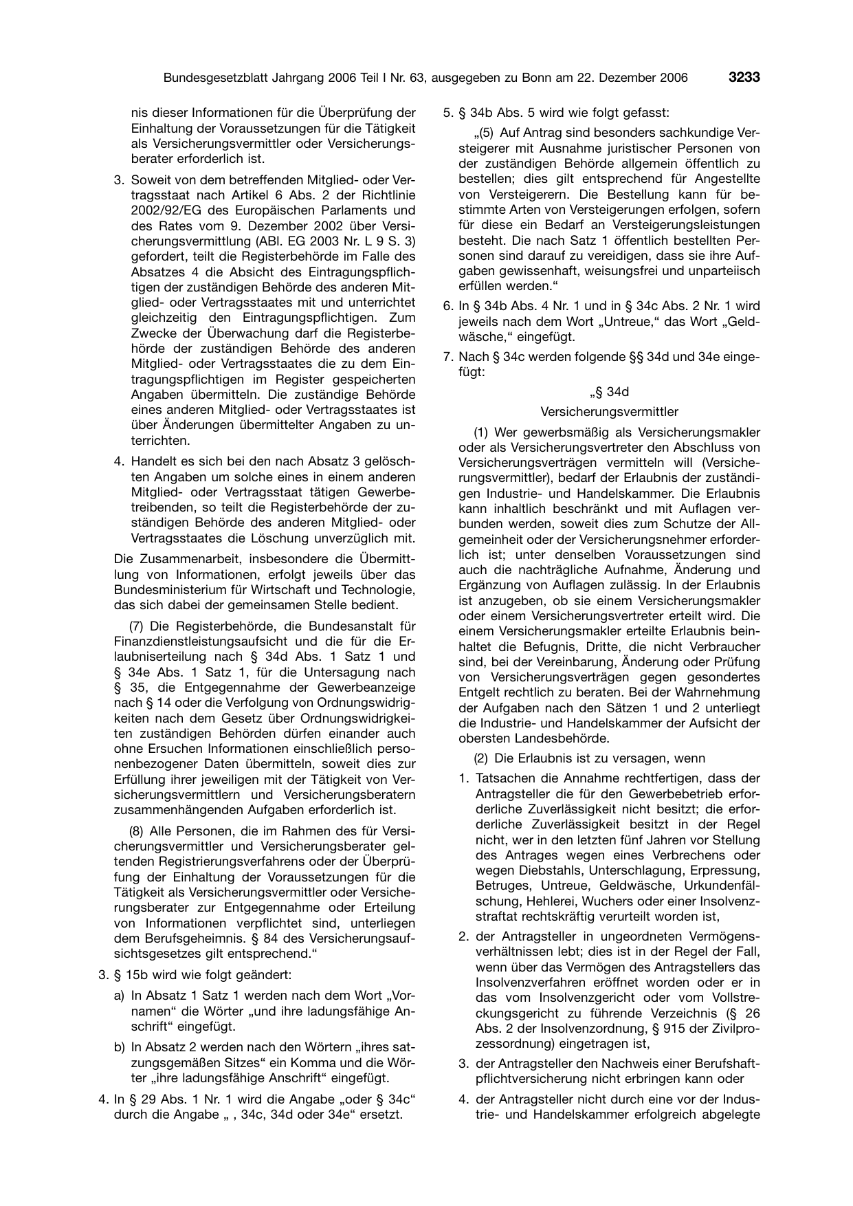 BGBl. 2006, Seite 3233 — Originalseite als Abbildung