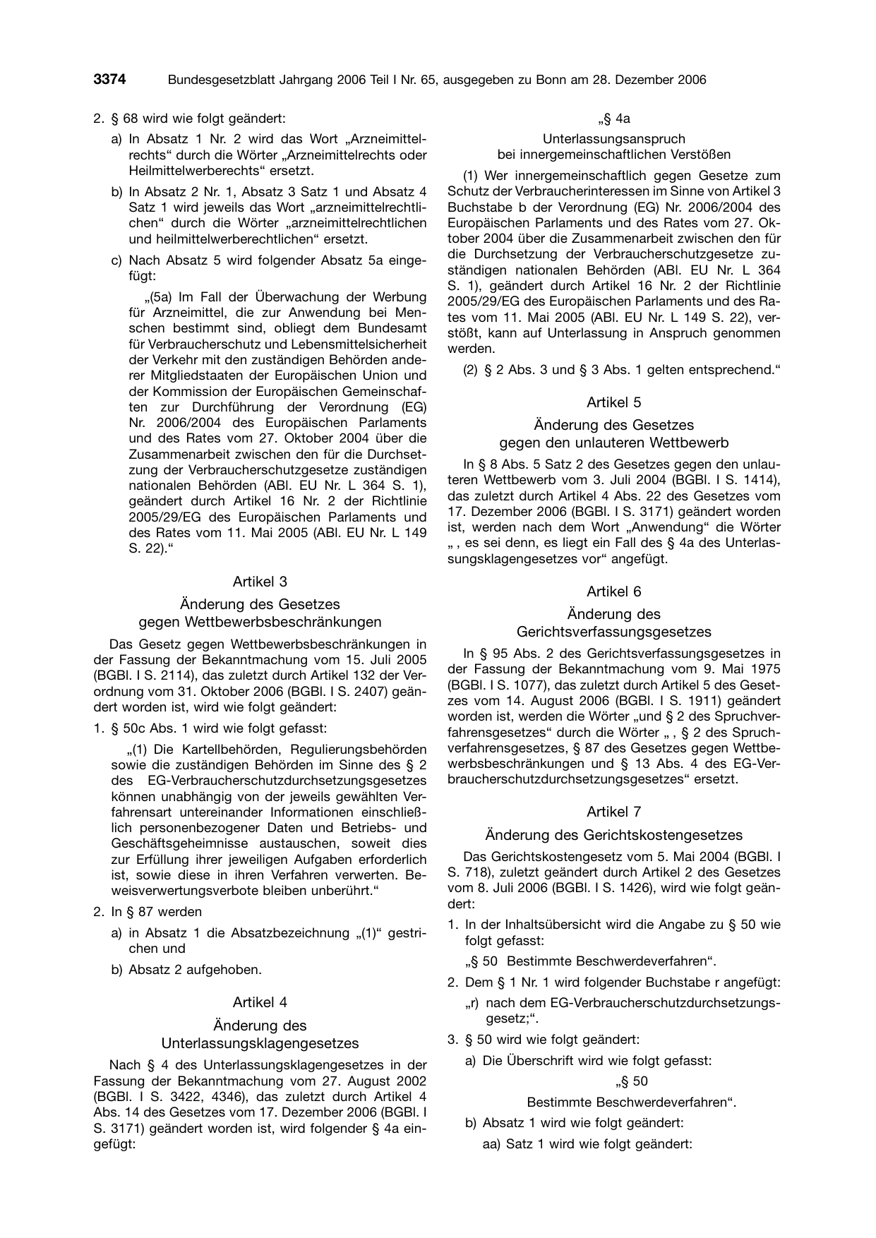 BGBl. 2006, Seite 3374 — Originalseite als Abbildung