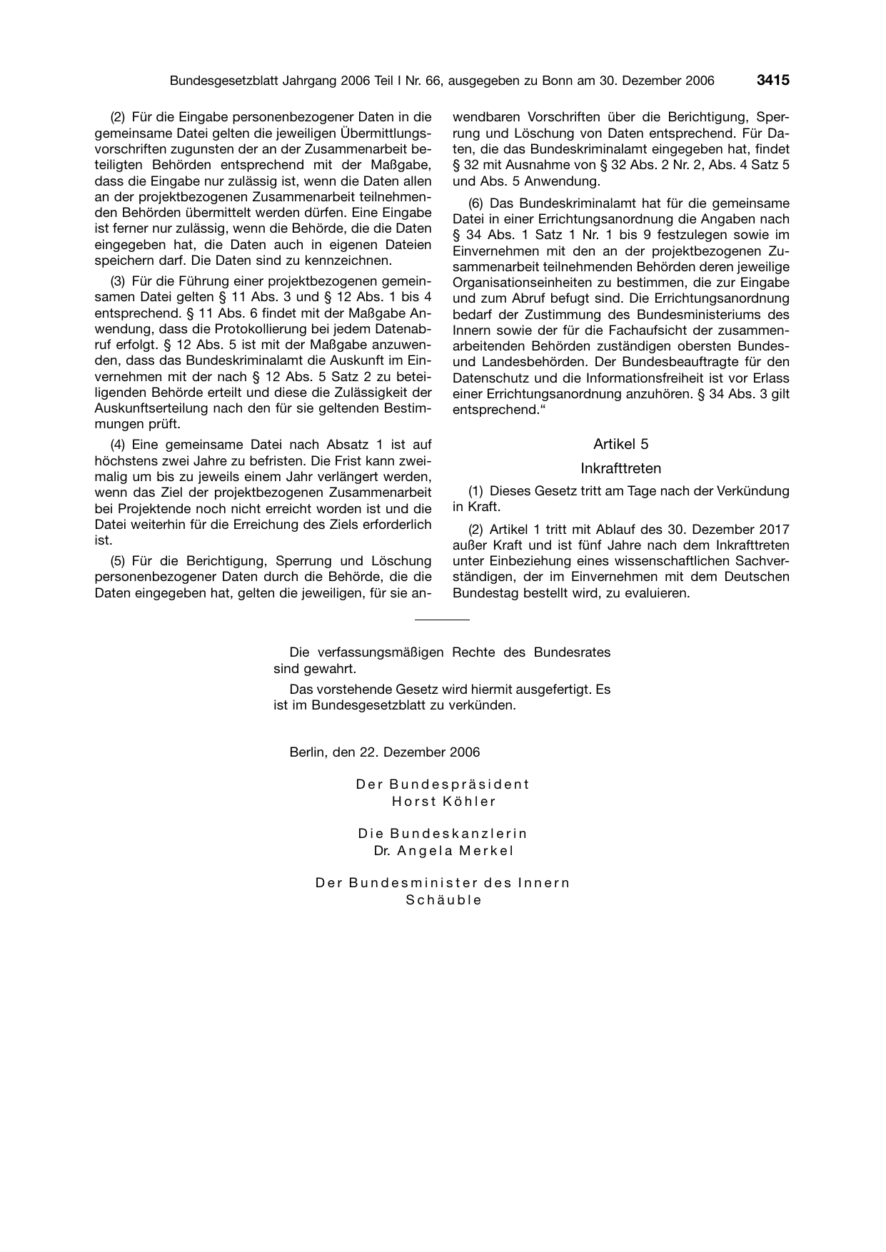 BGBl. 2006, Seite 3415 — Originalseite als Abbildung