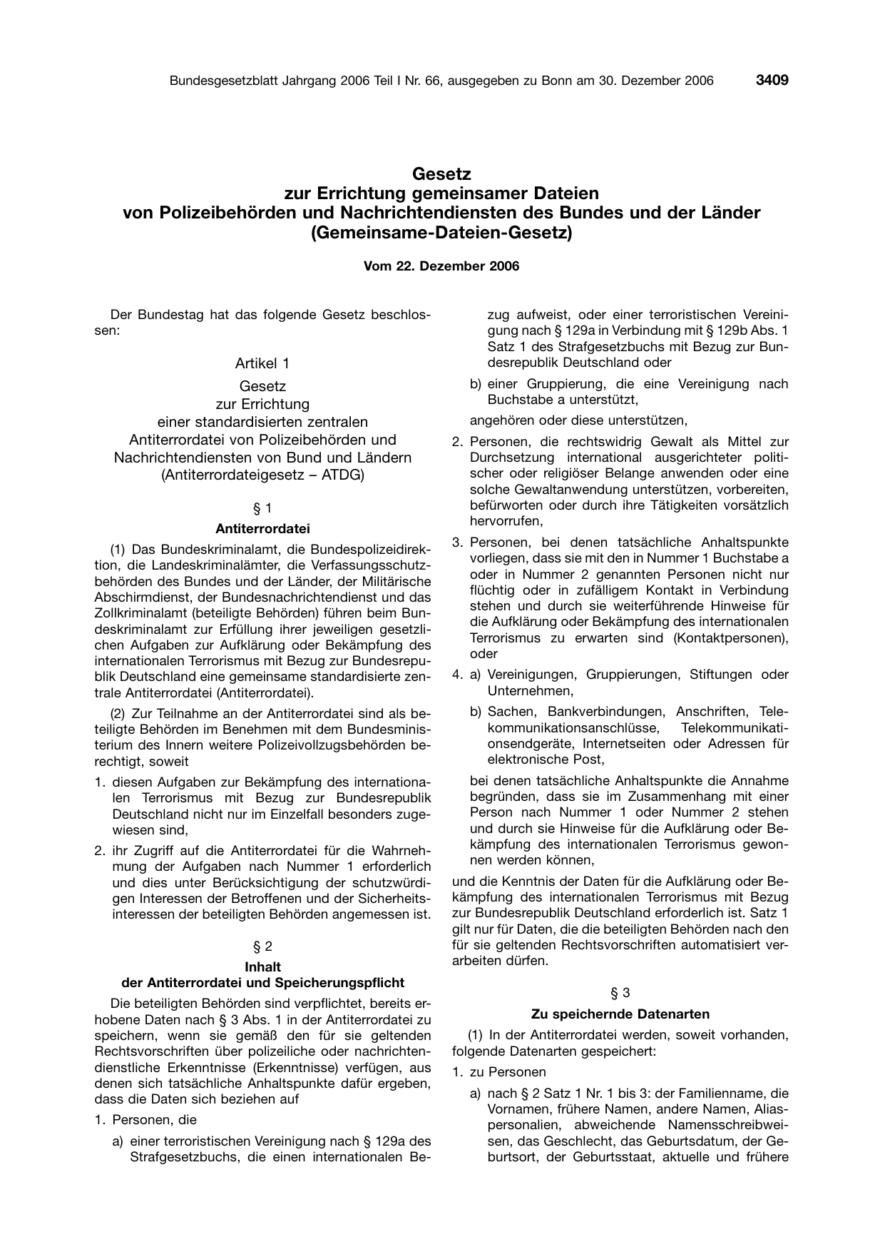 BGBl. 2006, Seite 3409 — Originalseite als Abbildung