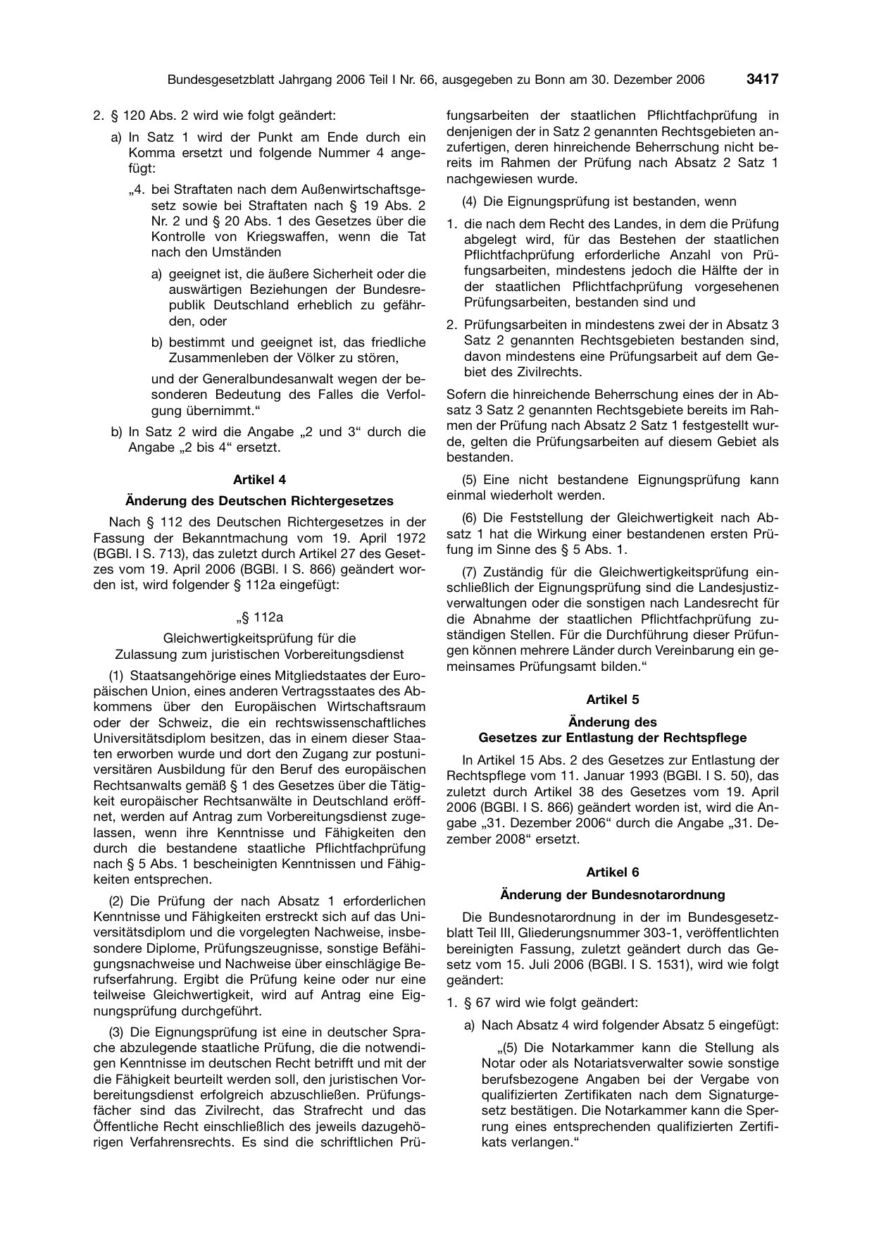 BGBl. 2006, Seite 3417 — Originalseite als Abbildung