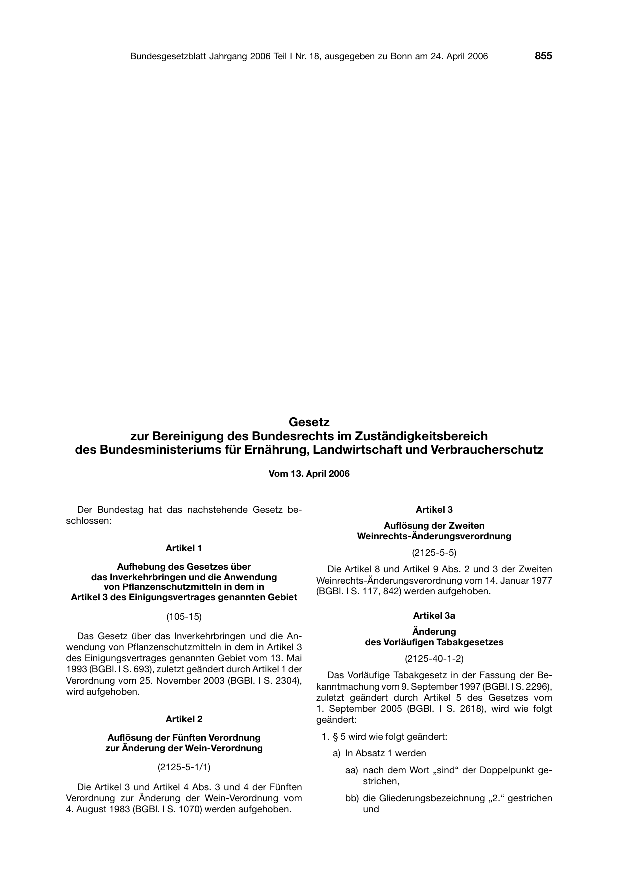 BGBl. 2006, Seite 855 — Originalseite als Abbildung