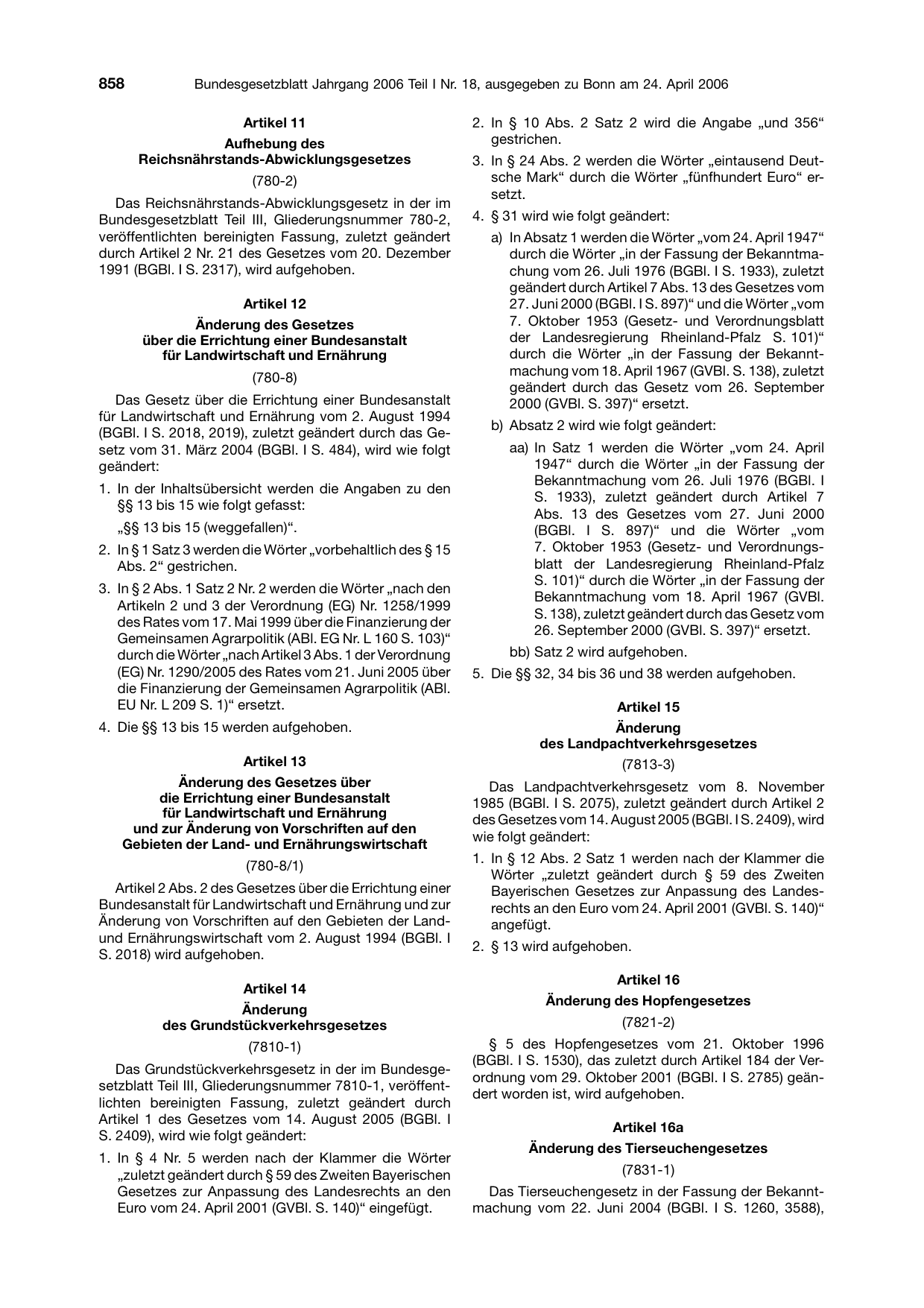 BGBl. 2006, Seite 858 — Originalseite als Abbildung