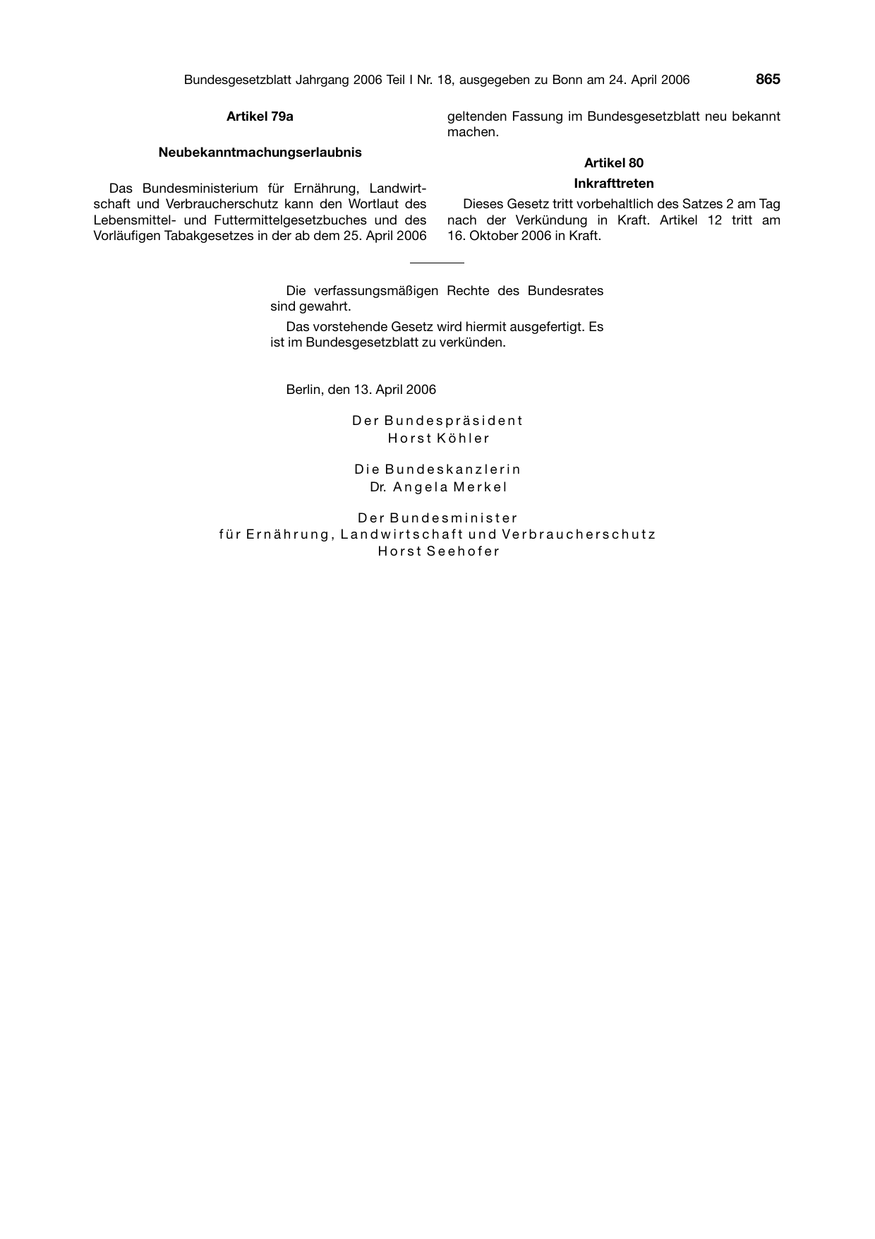 BGBl. 2006, Seite 865 — Originalseite als Abbildung
