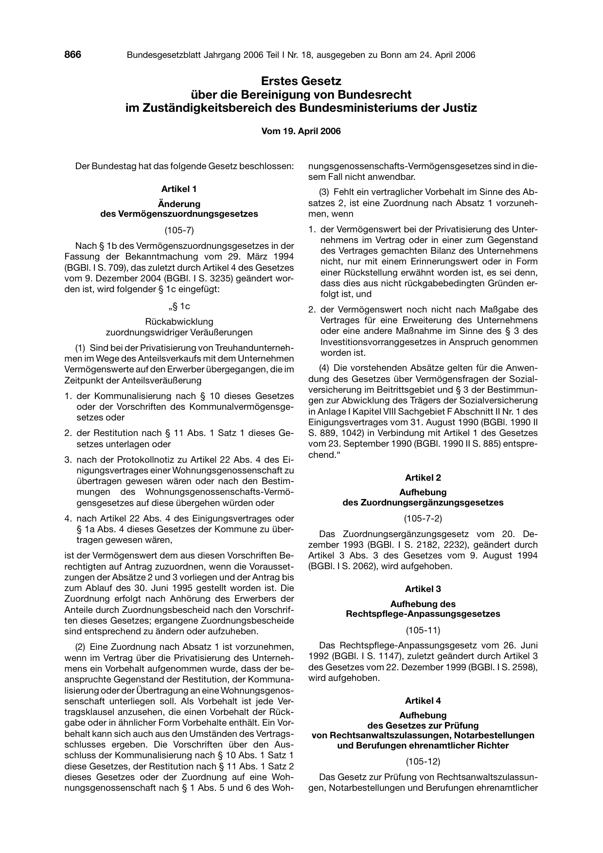 BGBl. 2006, Seite 866 — Originalseite als Abbildung