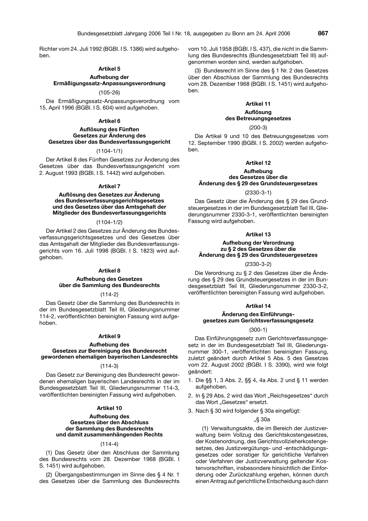 BGBl. 2006, Seite 867 — Originalseite als Abbildung