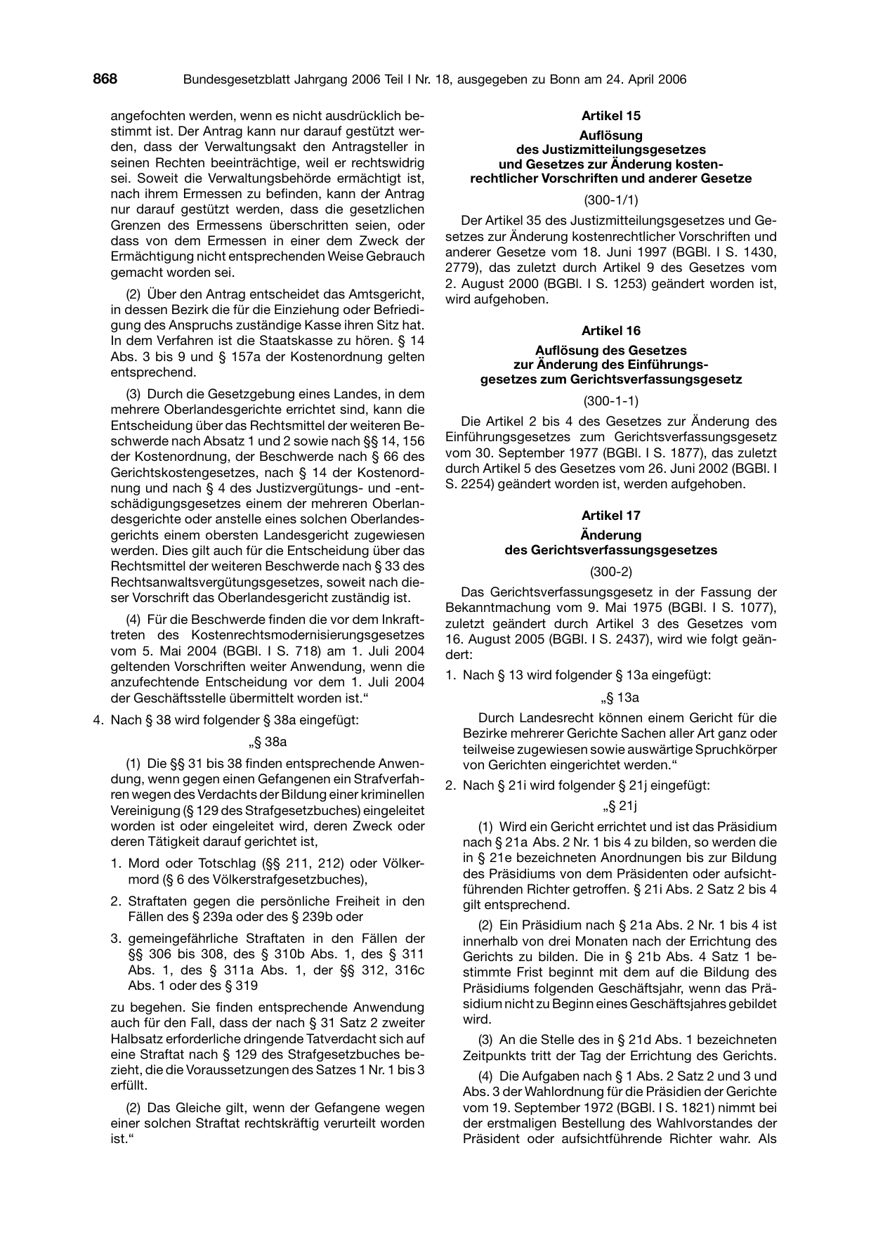 BGBl. 2006, Seite 868 — Originalseite als Abbildung