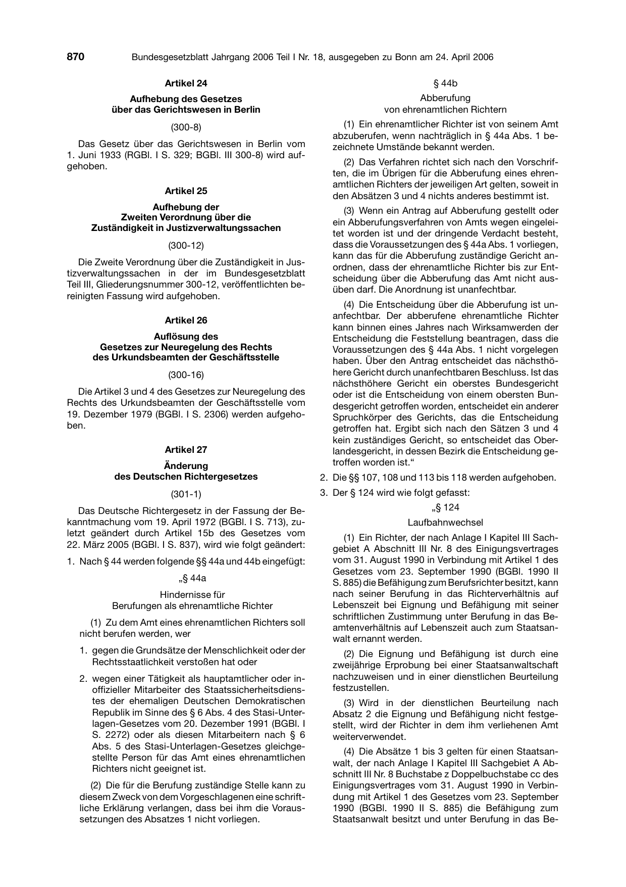 BGBl. 2006, Seite 870 — Originalseite als Abbildung