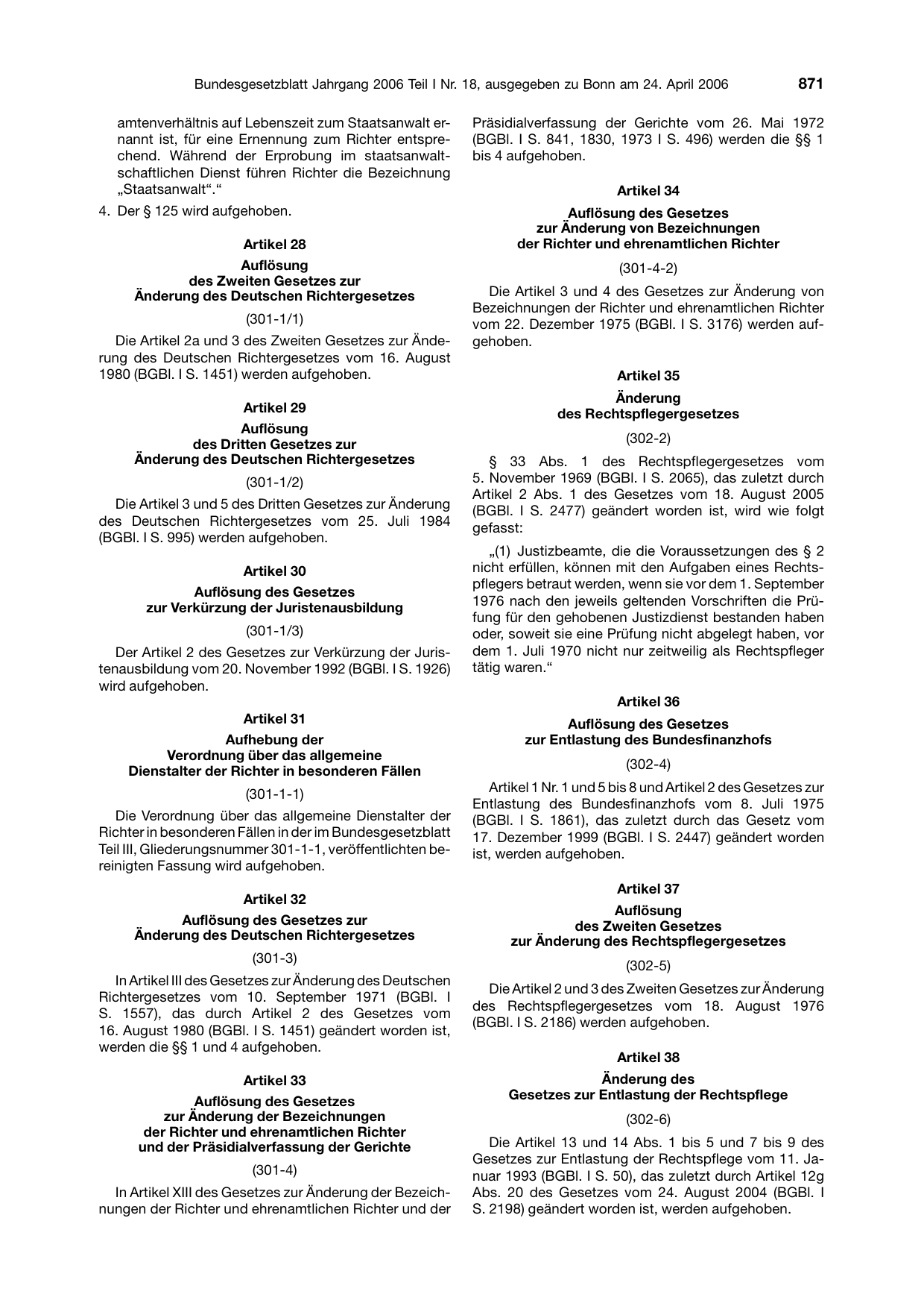 BGBl. 2006, Seite 871 — Originalseite als Abbildung