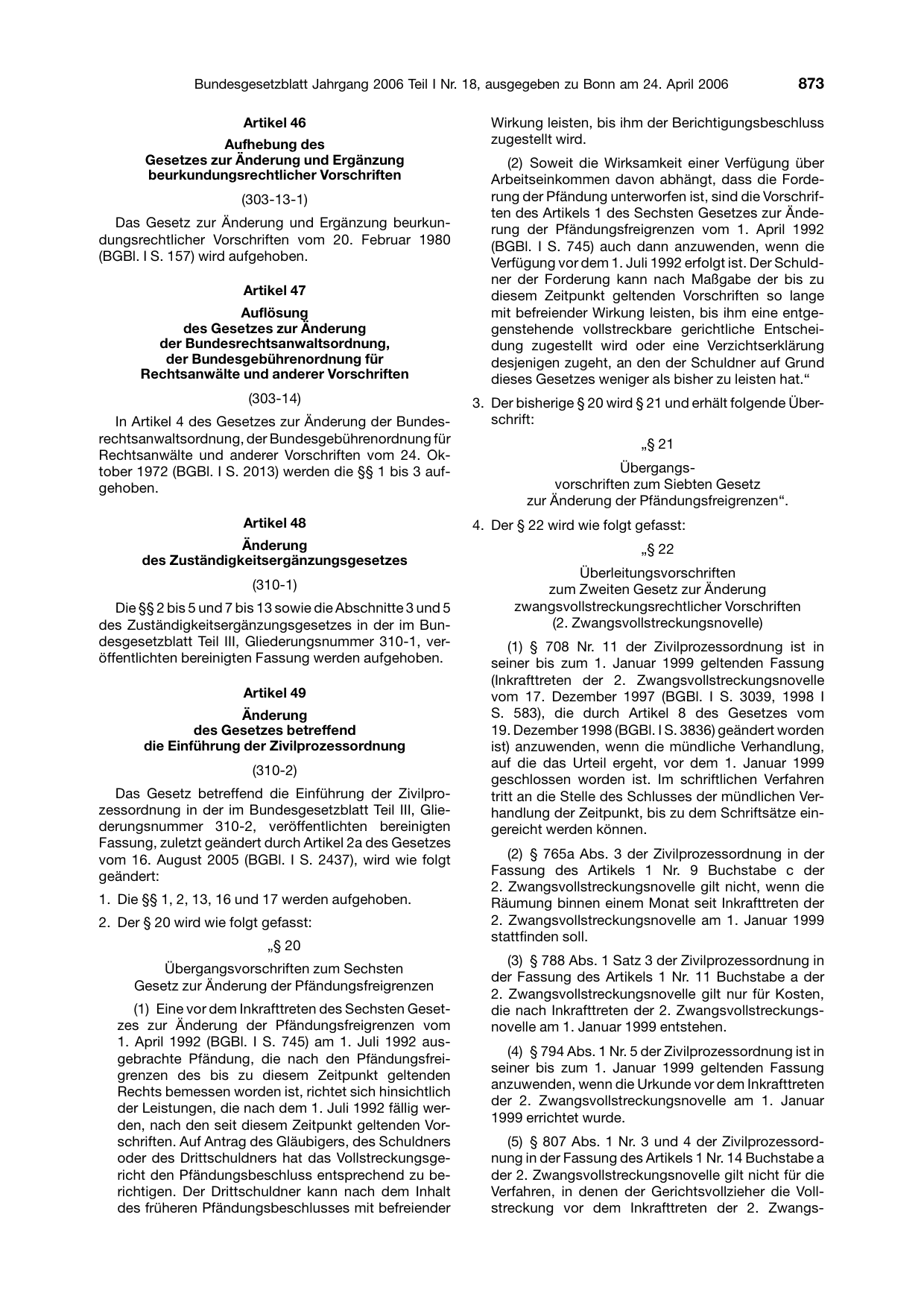 BGBl. 2006, Seite 873 — Originalseite als Abbildung