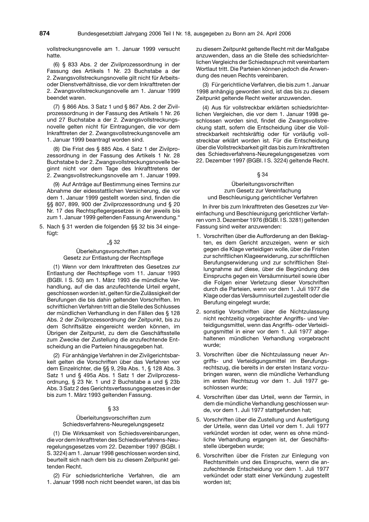BGBl. 2006, Seite 874 — Originalseite als Abbildung