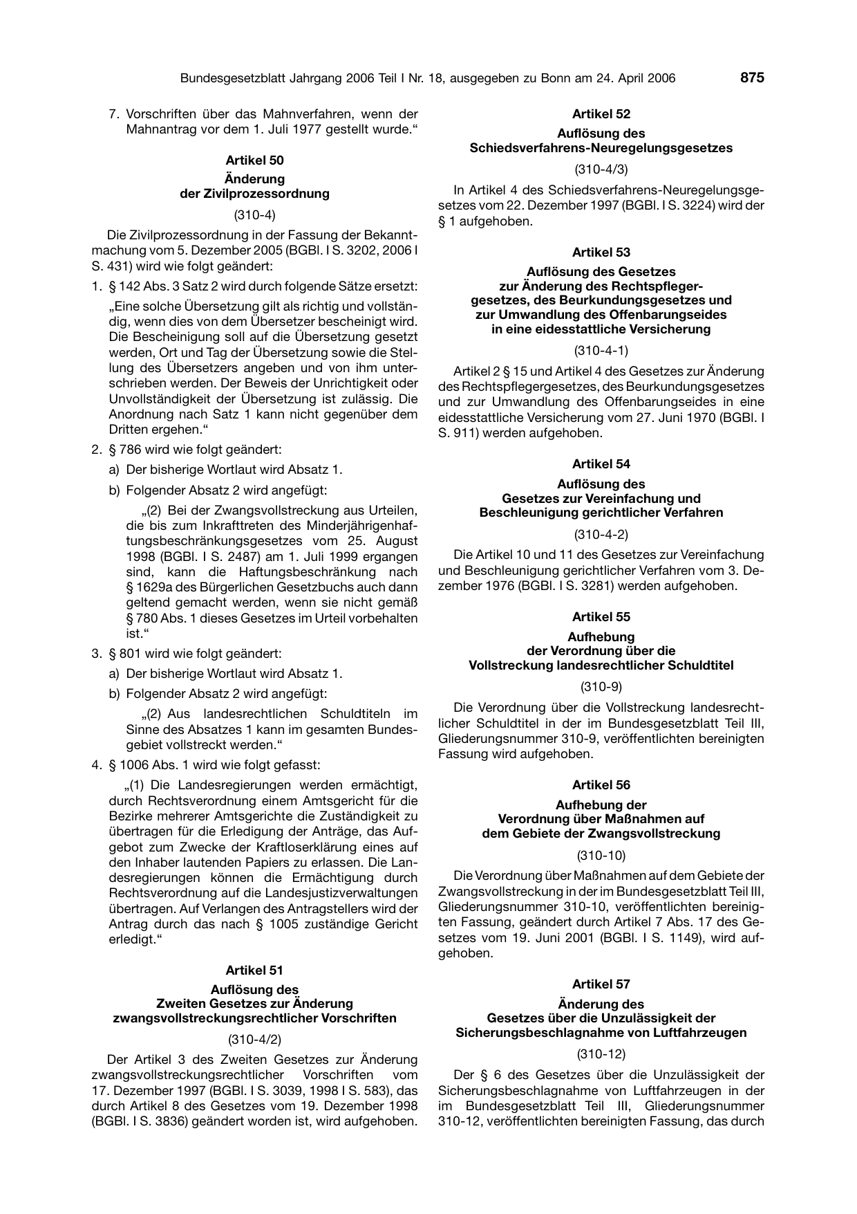 BGBl. 2006, Seite 875 — Originalseite als Abbildung