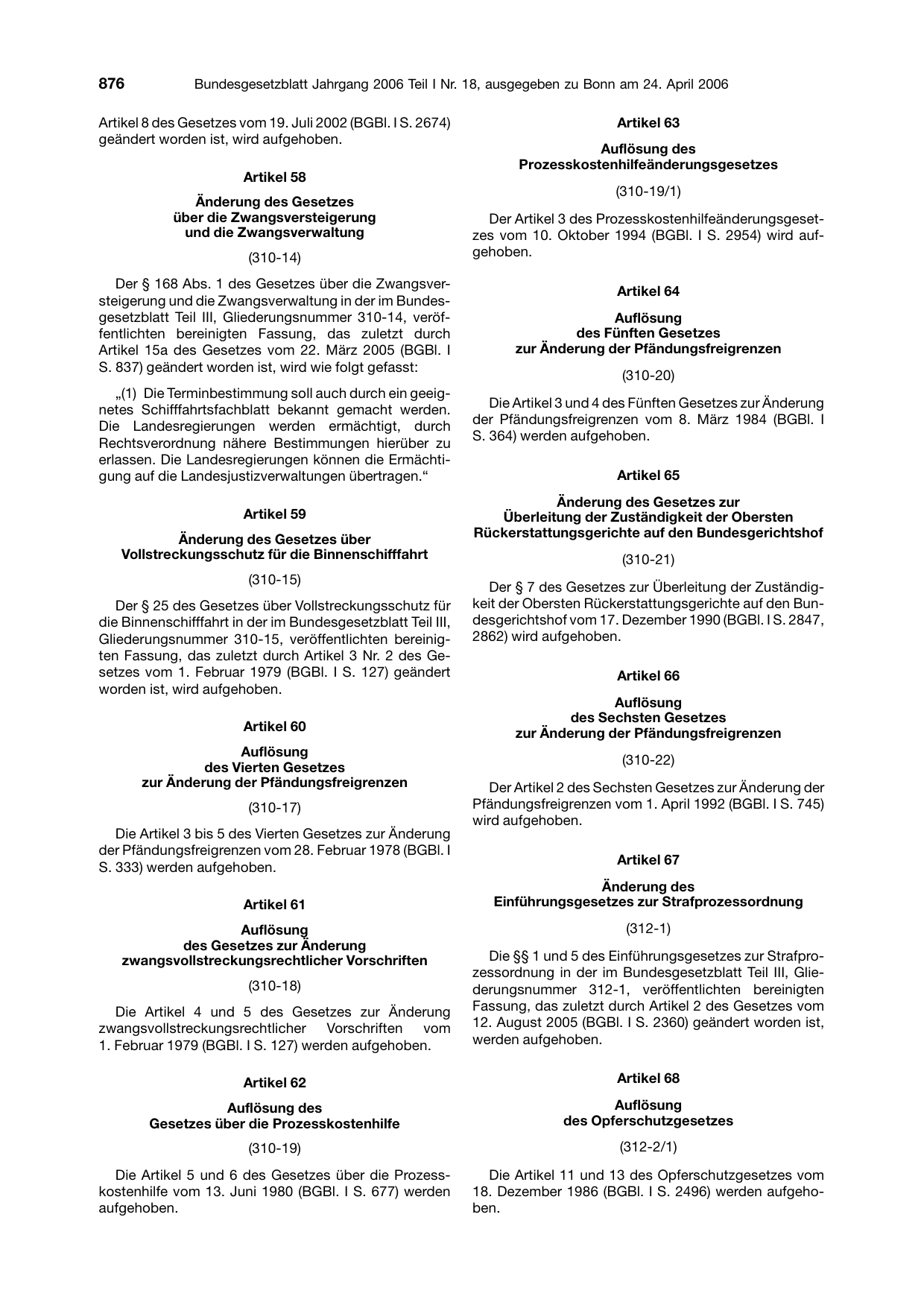 BGBl. 2006, Seite 876 — Originalseite als Abbildung