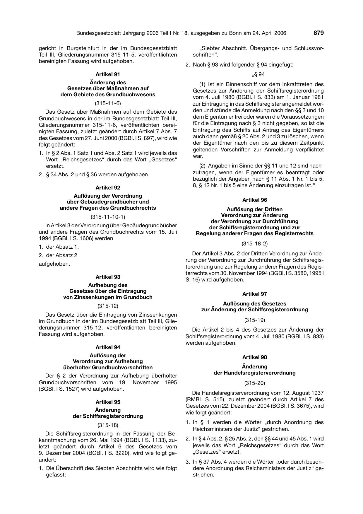BGBl. 2006, Seite 879 — Originalseite als Abbildung