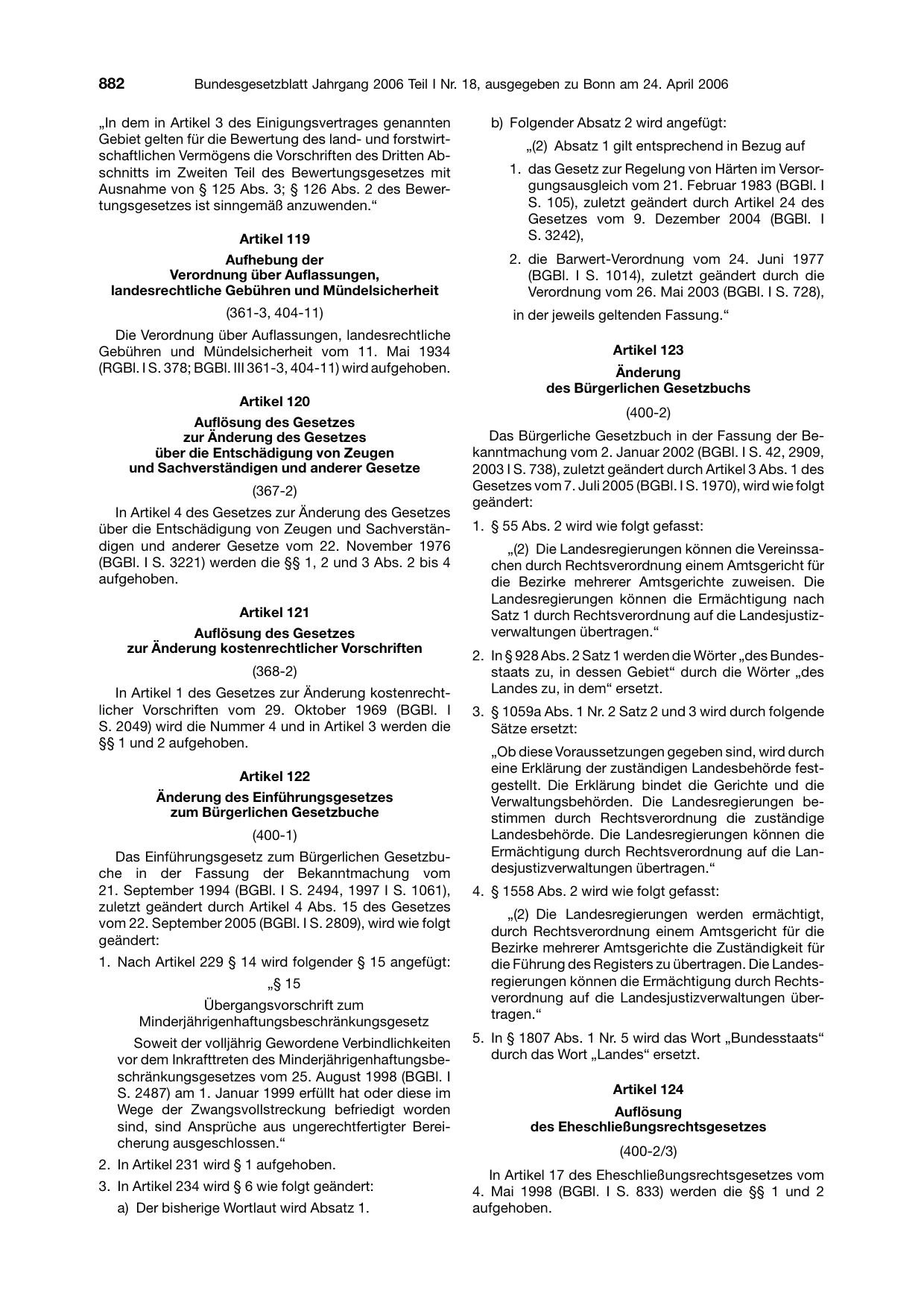 BGBl. 2006, Seite 882 — Originalseite als Abbildung