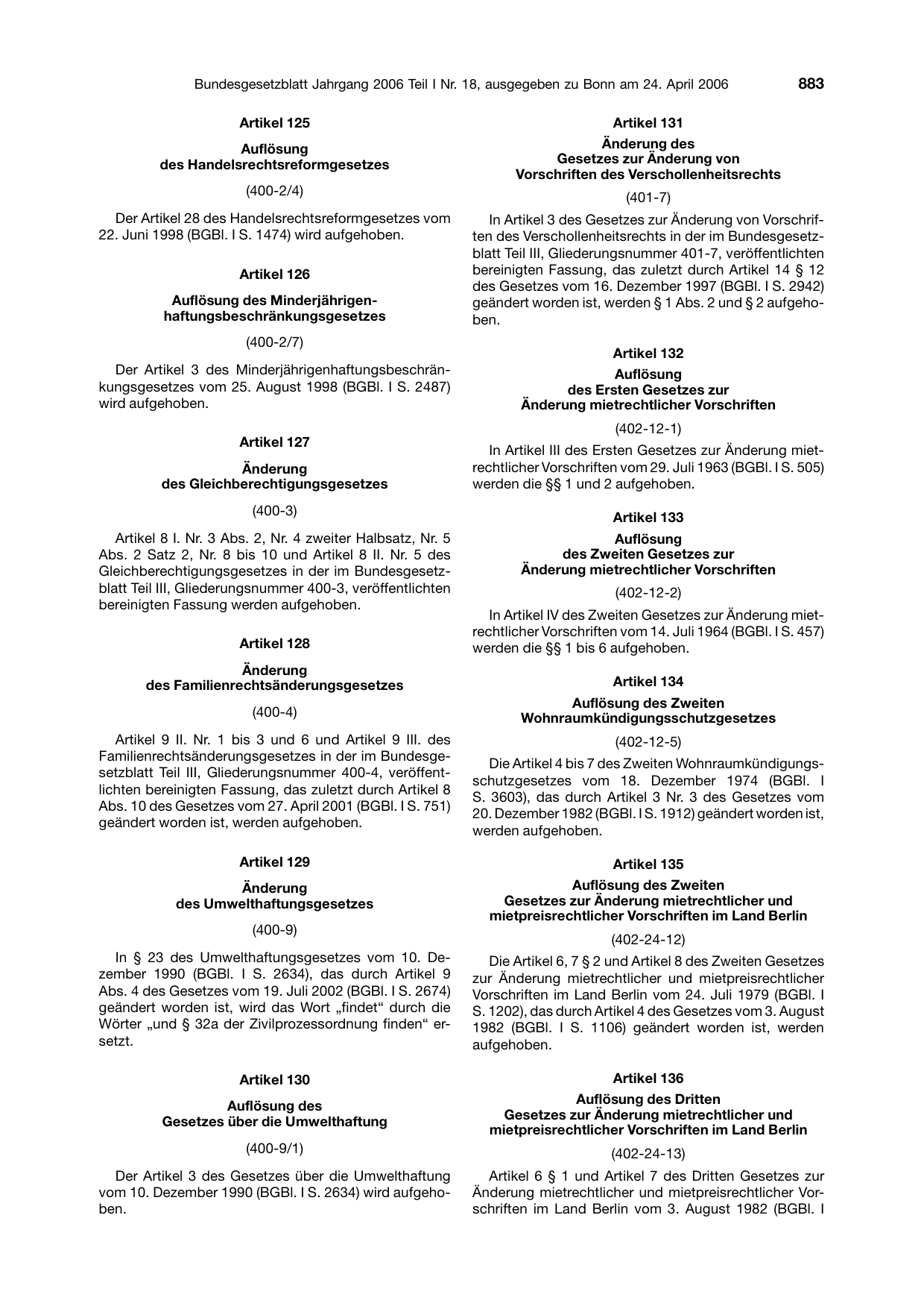 BGBl. 2006, Seite 883 — Originalseite als Abbildung