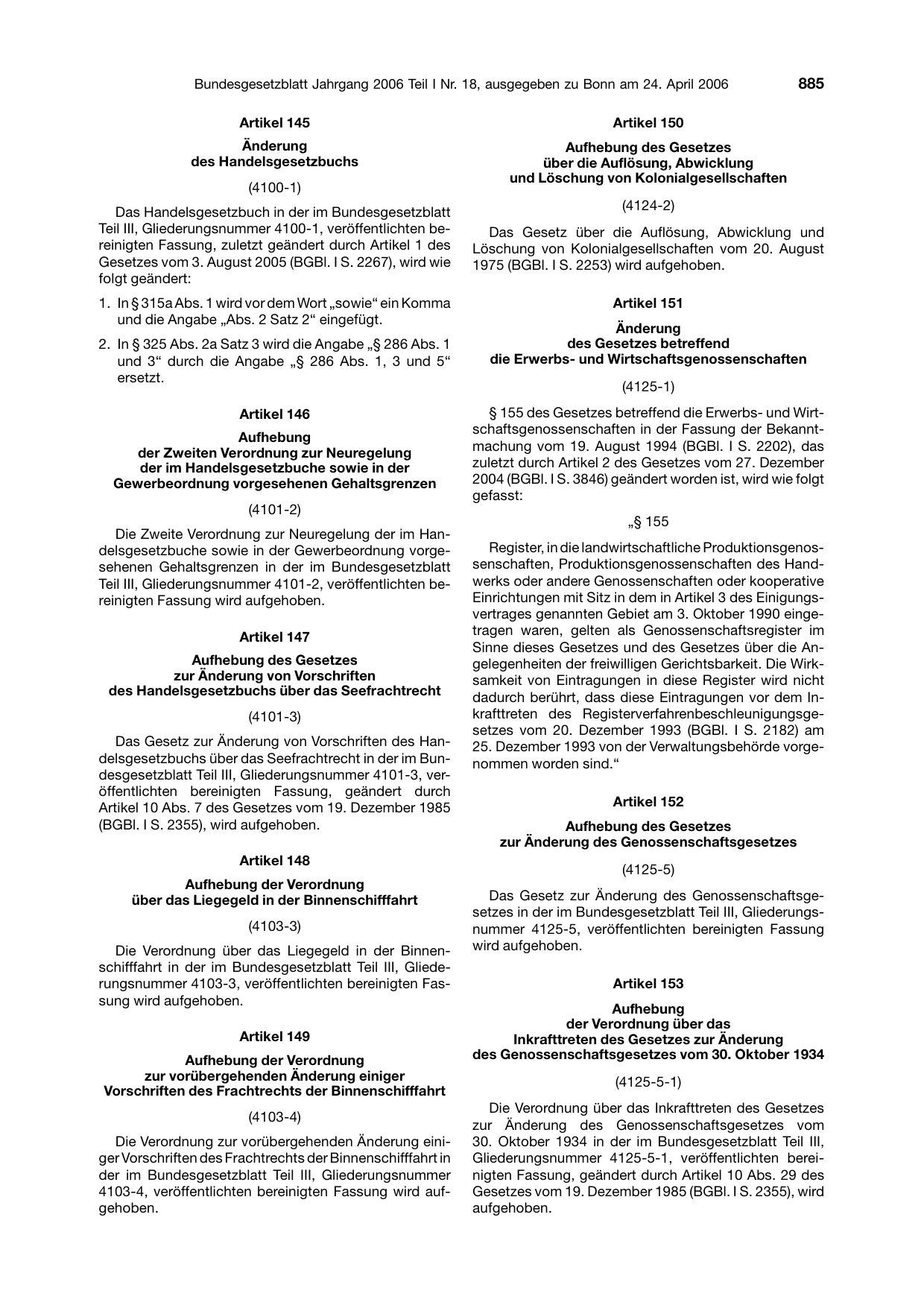 BGBl. 2006, Seite 885 — Originalseite als Abbildung